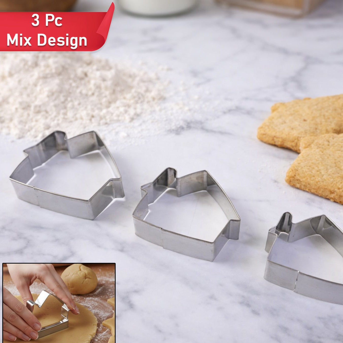 Stainless Steel House Shape Cookie Cutters - 3 Pc Mix Design Set - Happy Price - Image 1