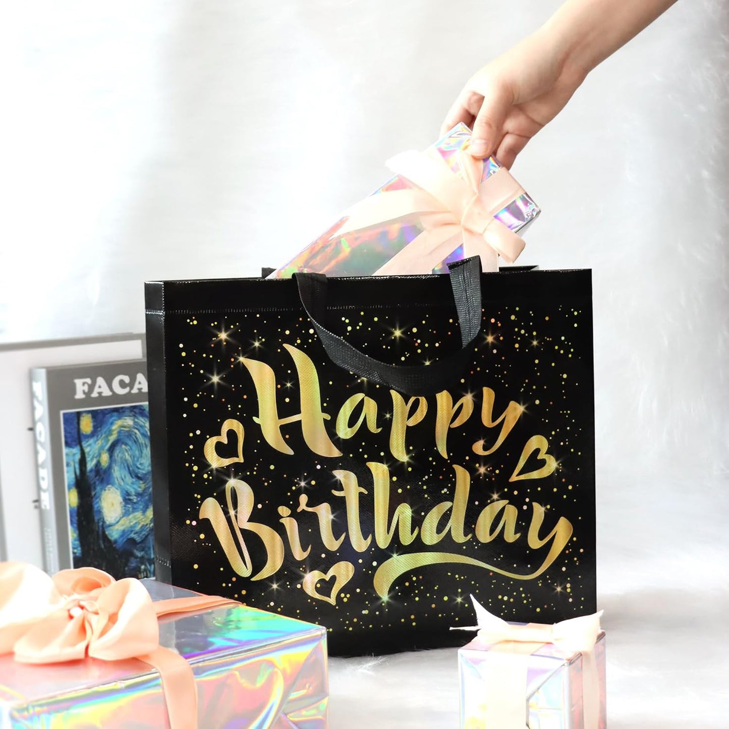 Birthday Gift Bag With Gold Shiny Stars Reusable Party Gift Bags (1 Pc) - Happy Price - Image 3