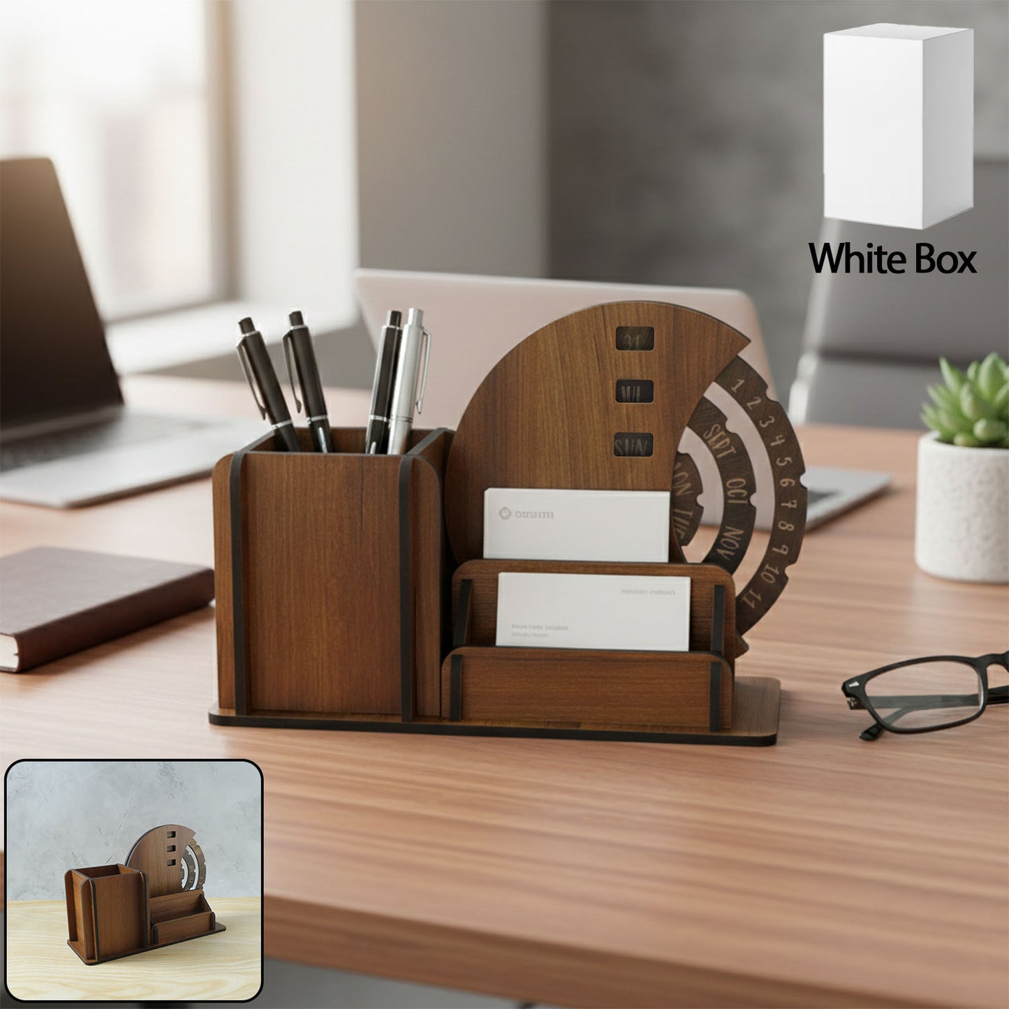 Wooden Desk Organizer with Pen Stand, Card Holder & Rotating Calendar (1 Pc) - Happy Price - Image 2