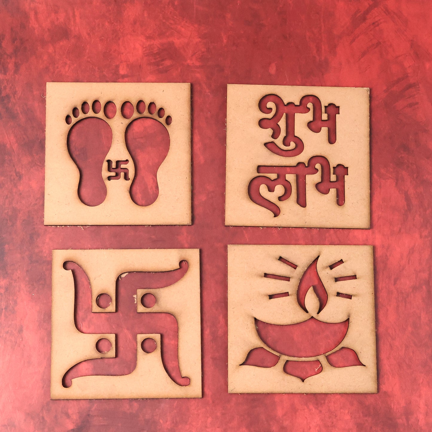 Wooden Decorative Cutouts Set - 4 Pcs Shubh Labh, Swastik, Diya & Footprint Designs for Home Decor - Happy Price - Image 6