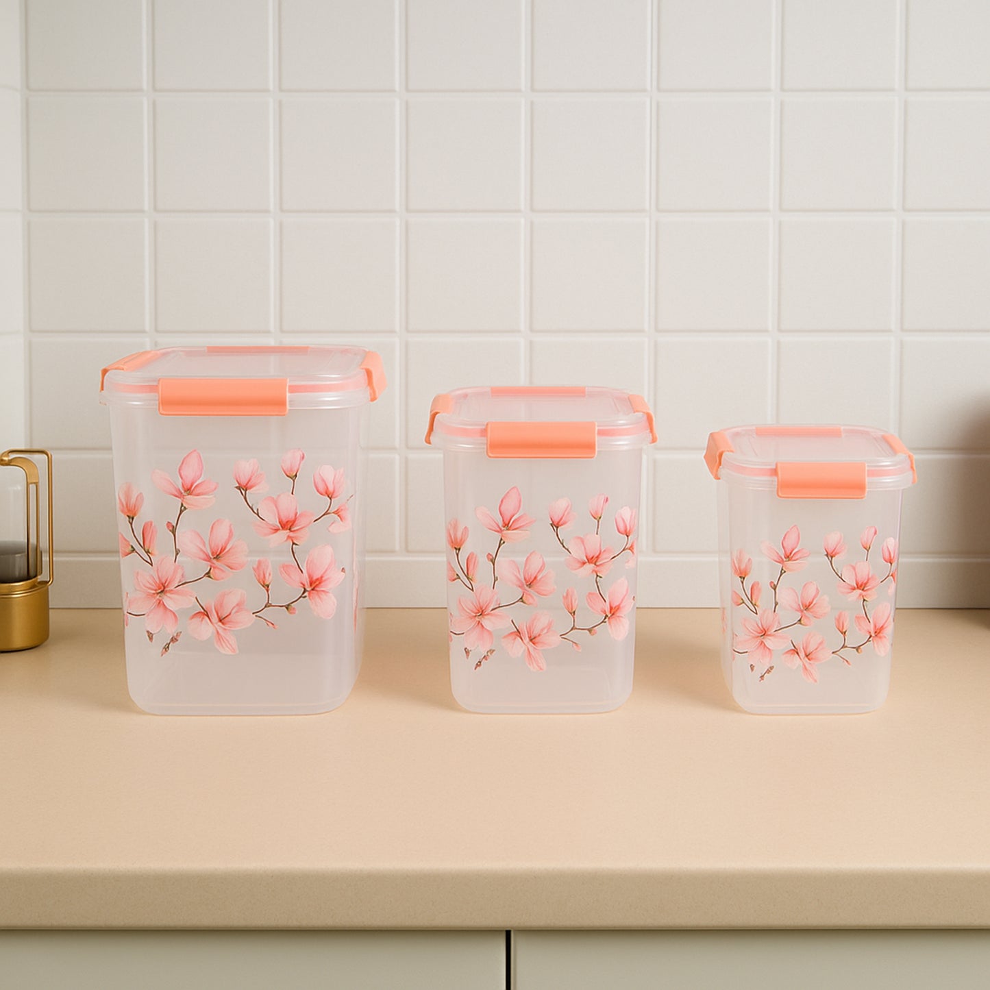 Square 3 Pcs Floral Printed Airtight Storage Container Set Approx 2.8 Ltr 4.5 Ltr 6.9 Ltr (3 Pcs Set) - Happy Price - Image 6