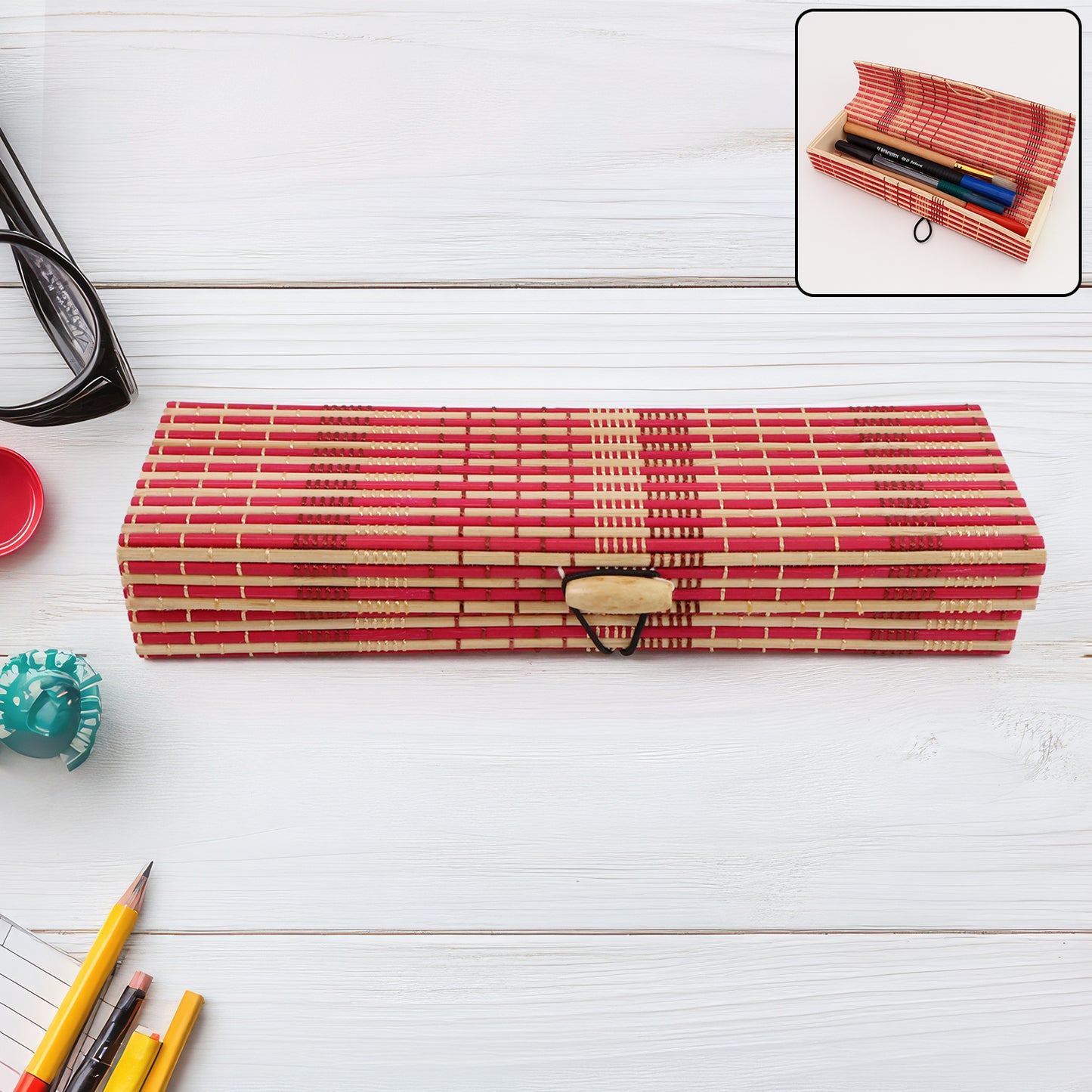 Handcrafted Bamboo Mat Style Pen Pencil & Makeup Box - 1 Pc Organizer - Happy Price - Image 7