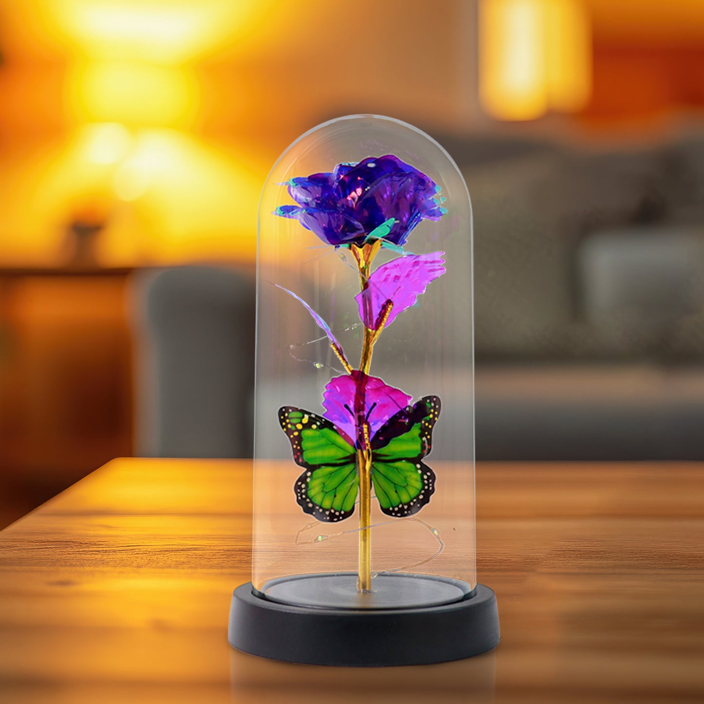 Led Preserved Rose With Colorful Butterfly In Plastic Dome (1 Pc Mix Color) - Happy Price - Image 3