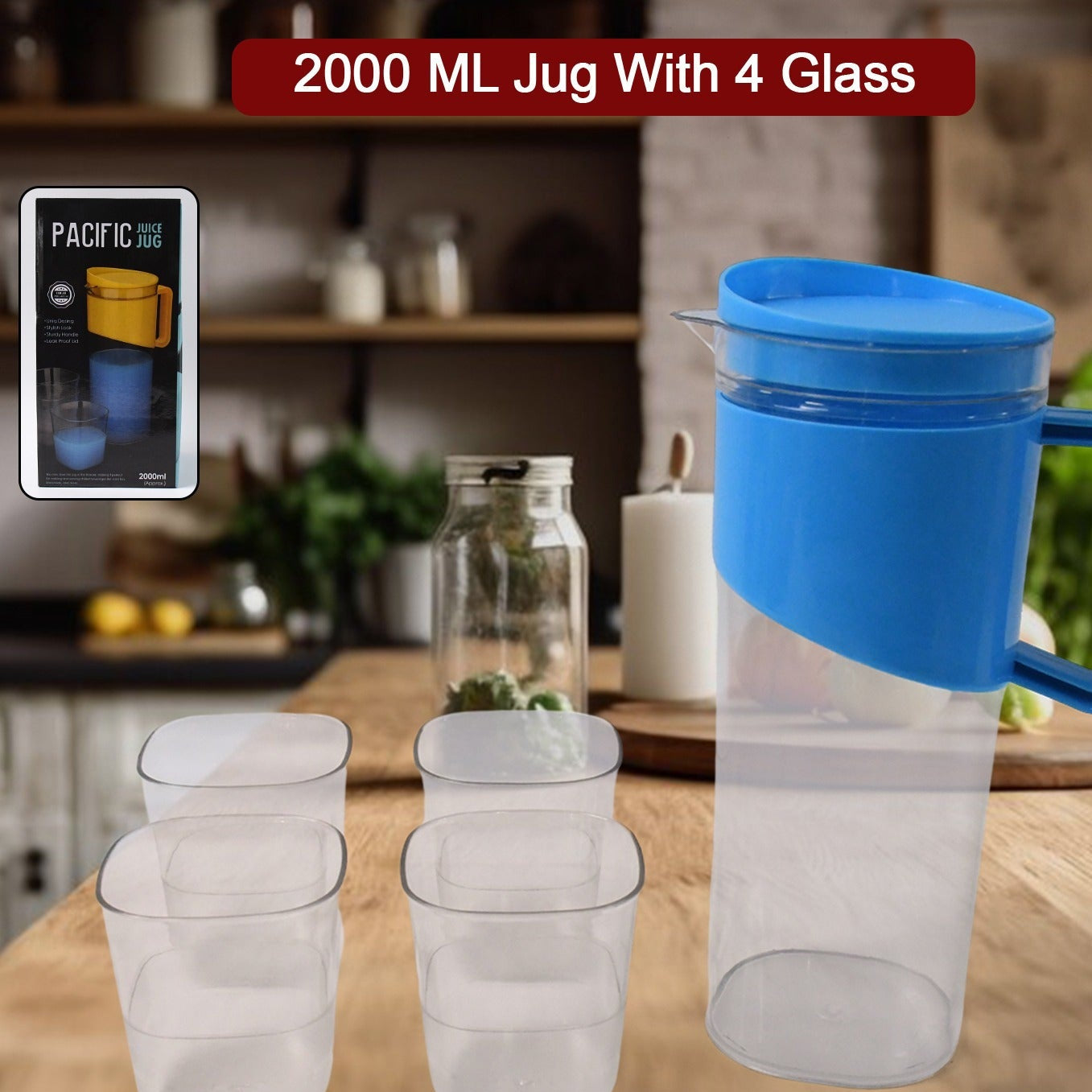 Transparent Stylish Premium Jug With Elegant Handle (2000 Ml Jug Approx 4 Pcs Plastic Glass) - Happy Price - Image 1