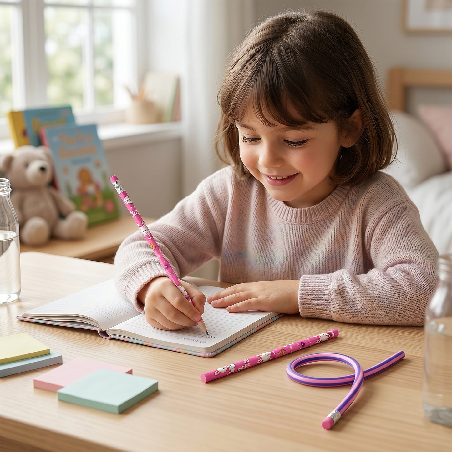 7-in-1 Cute Pink Stationery Kit for Kids - Includes Ruler, Pencils, Eraser, Sharpener & Notebook - Happy Price - Image 6