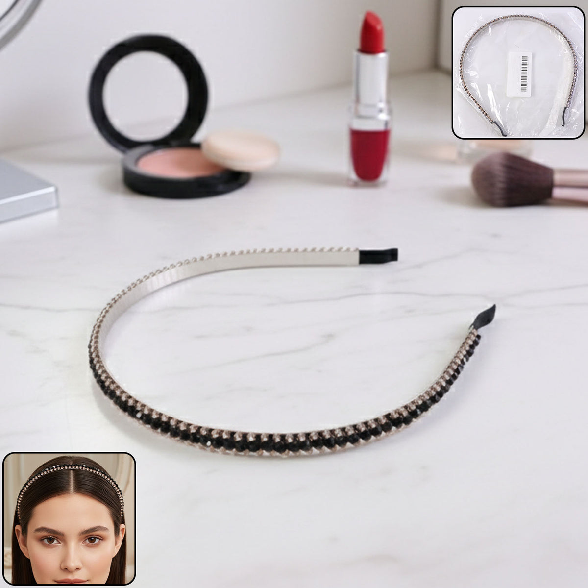 Black Crystal Studded Metal Hair Band for Women (1 Pc) - Happy Price - Image 2