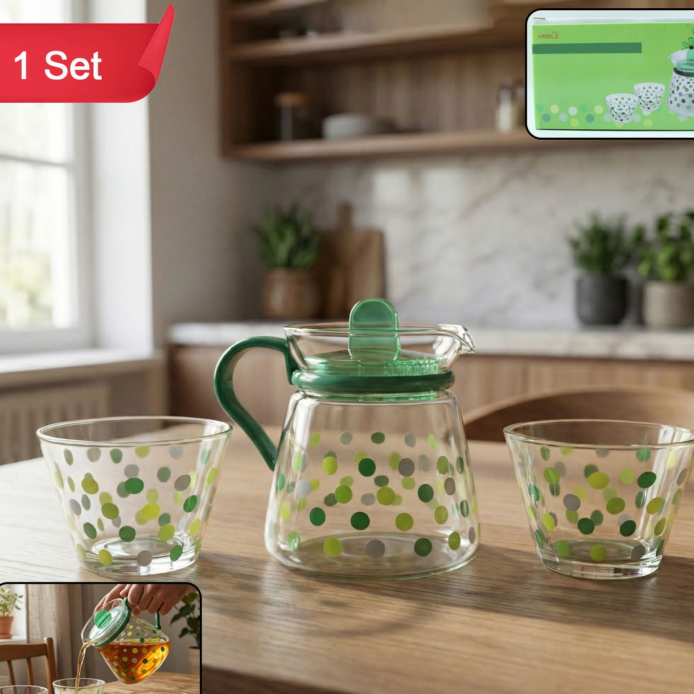 Glass Tea Pot and Cup Set - Polka Dot Design (1 Set) - Happy Price - Image 1