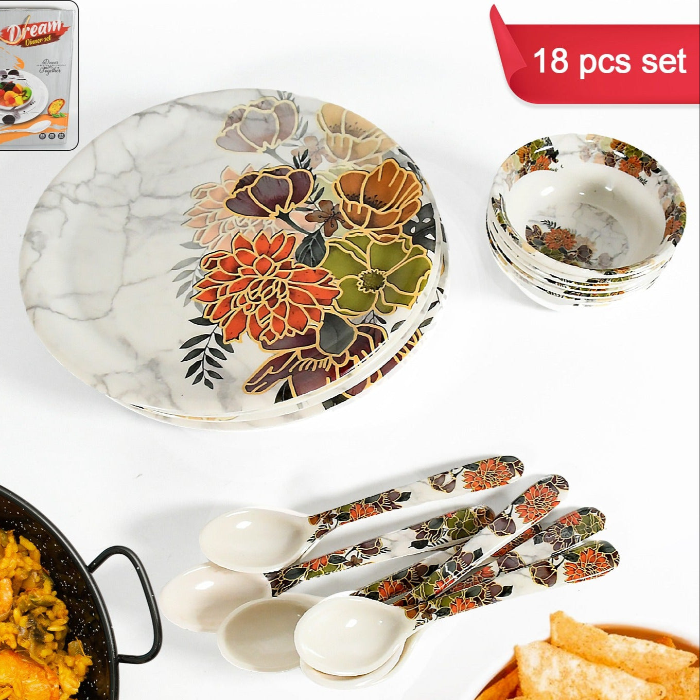 Dream High Quality Plastic Dinning Dinner Set With Unique Flower Design Printed 6 Pc Plates 6 Pc Bowls And 6 Pc Serving Spoon Lightweight Round Plates And Bowls Microwave And Dishwasher Safe (18 Pcs Set) - Happy Price - Image 1