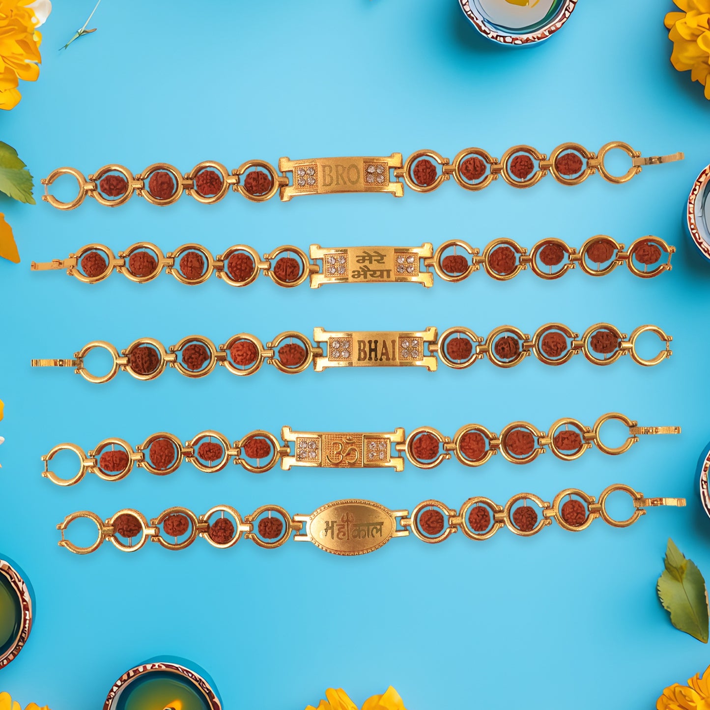 Gold Plated Designer Circular Bead Bracelet Rakhi For Brother (Mix Design 1 Pc) - Happy Price - Image 3