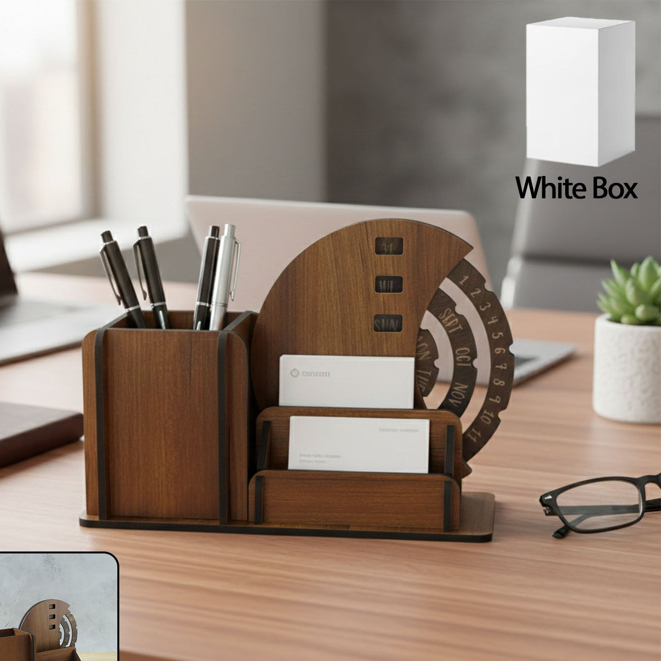 Wooden Desk Organizer with Pen Stand, Card Holder & Rotating Calendar (1 Pc) - Happy Price - Image 1