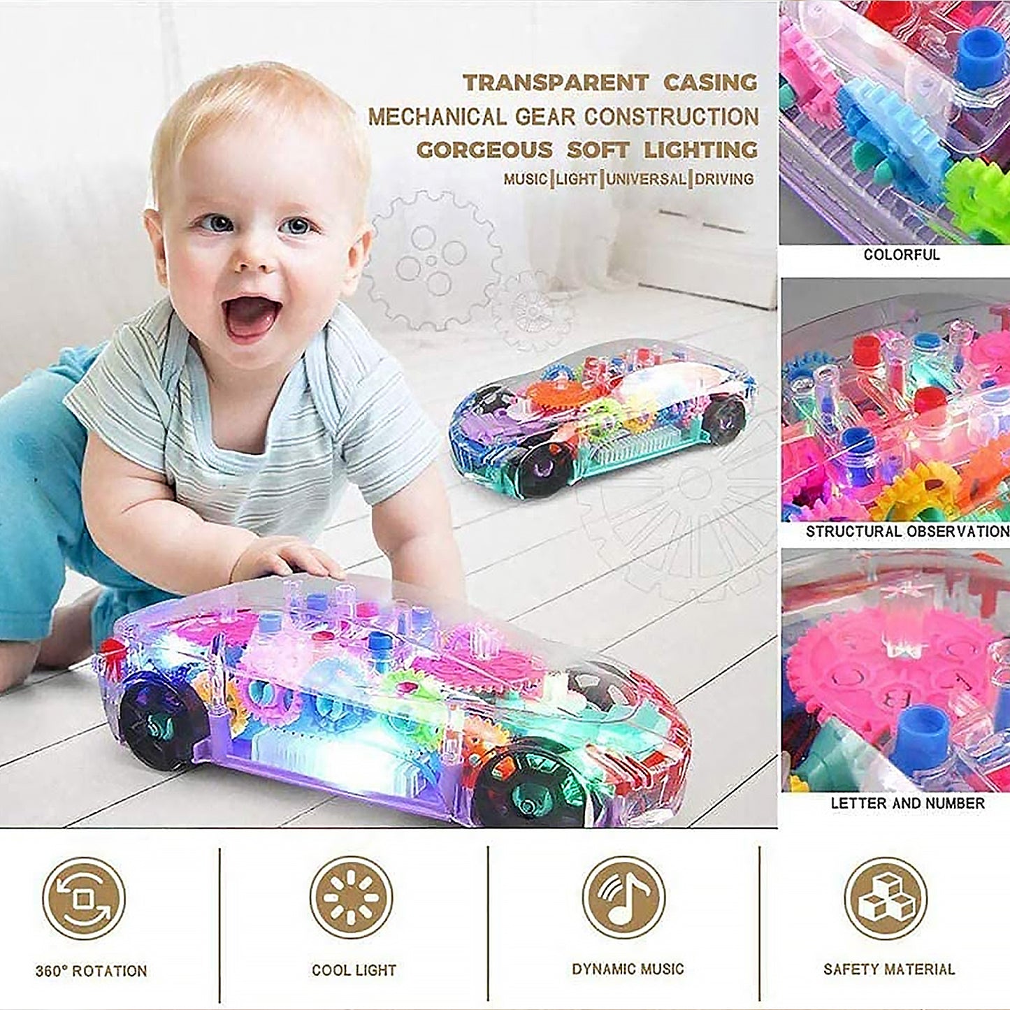 Automatic 360 Degree Rotating Transparent Gear Concept Car With Musical And 3d Flashing Lights Toy For Kids Boys Girls (Multicolor Battery Not Included) - Happy Price - Image 7