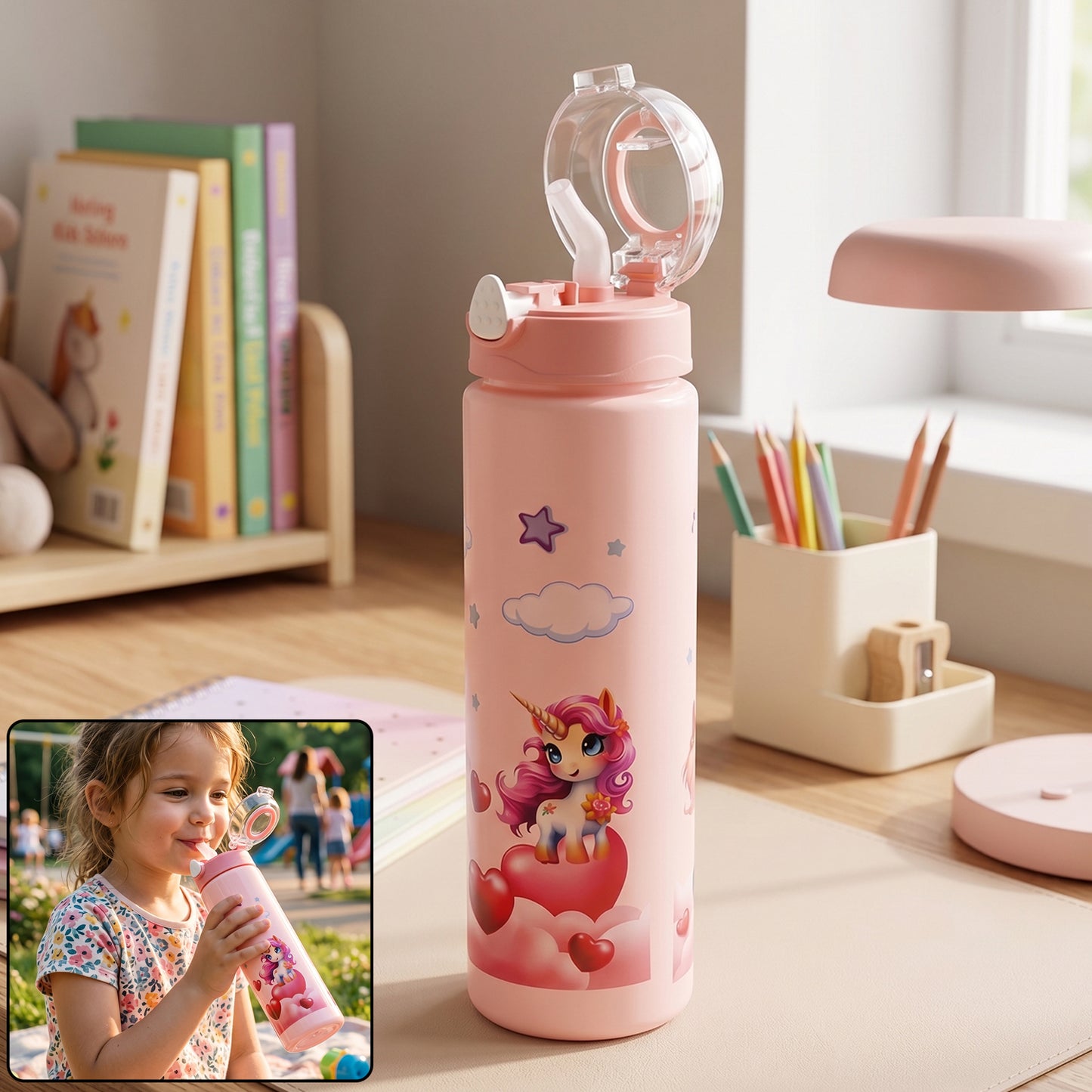 Kids Cartoon Water Bottle with Flip Lid and Straw - 500 ML, 1 Pc - Great Price - Image 2