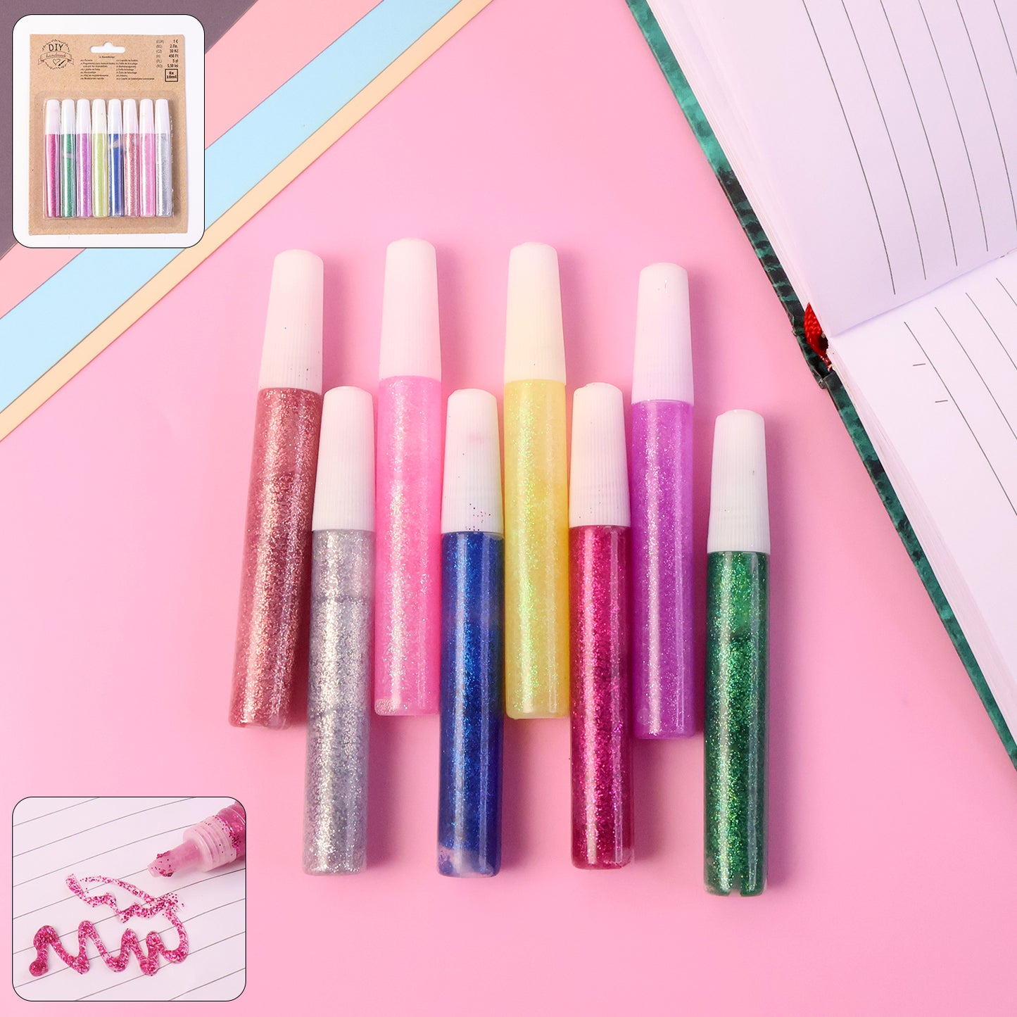 8 Pc Glitter Glue Pen Set - 10ml Each, Multi-Color Craft Adhesive for Kids & Art Projects - Happy Price - Image 2