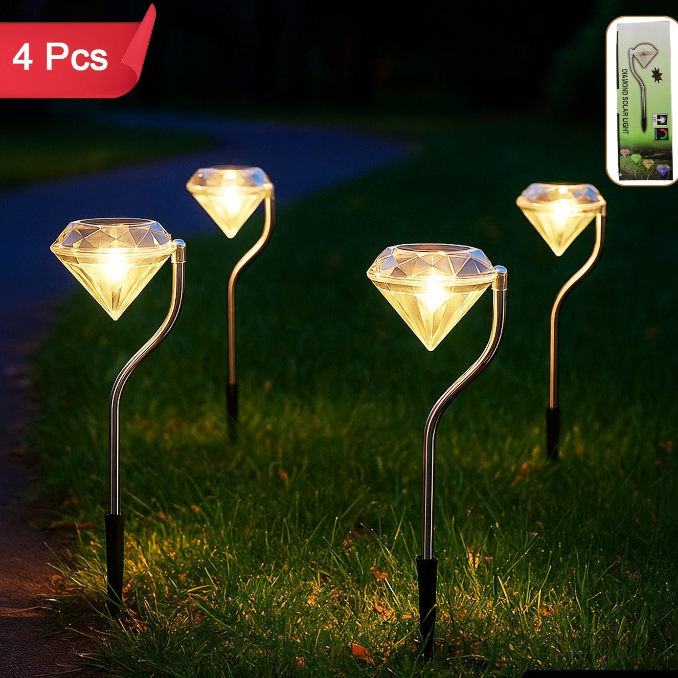 Diamond Shape Solar Garden Lights - Set of 4 Waterproof LED Pathway Lamps - Happy Price - Image 1