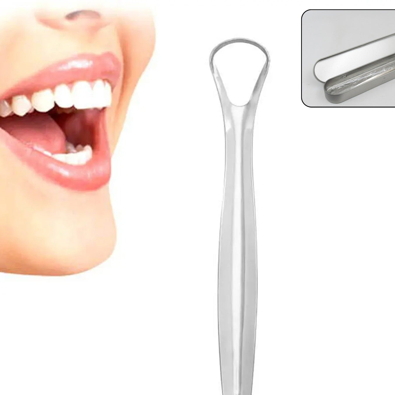 Stainless Steel Tongue Scraper Tongue Cleaners (1pc With Metal Case) - Happy Price - Image 1