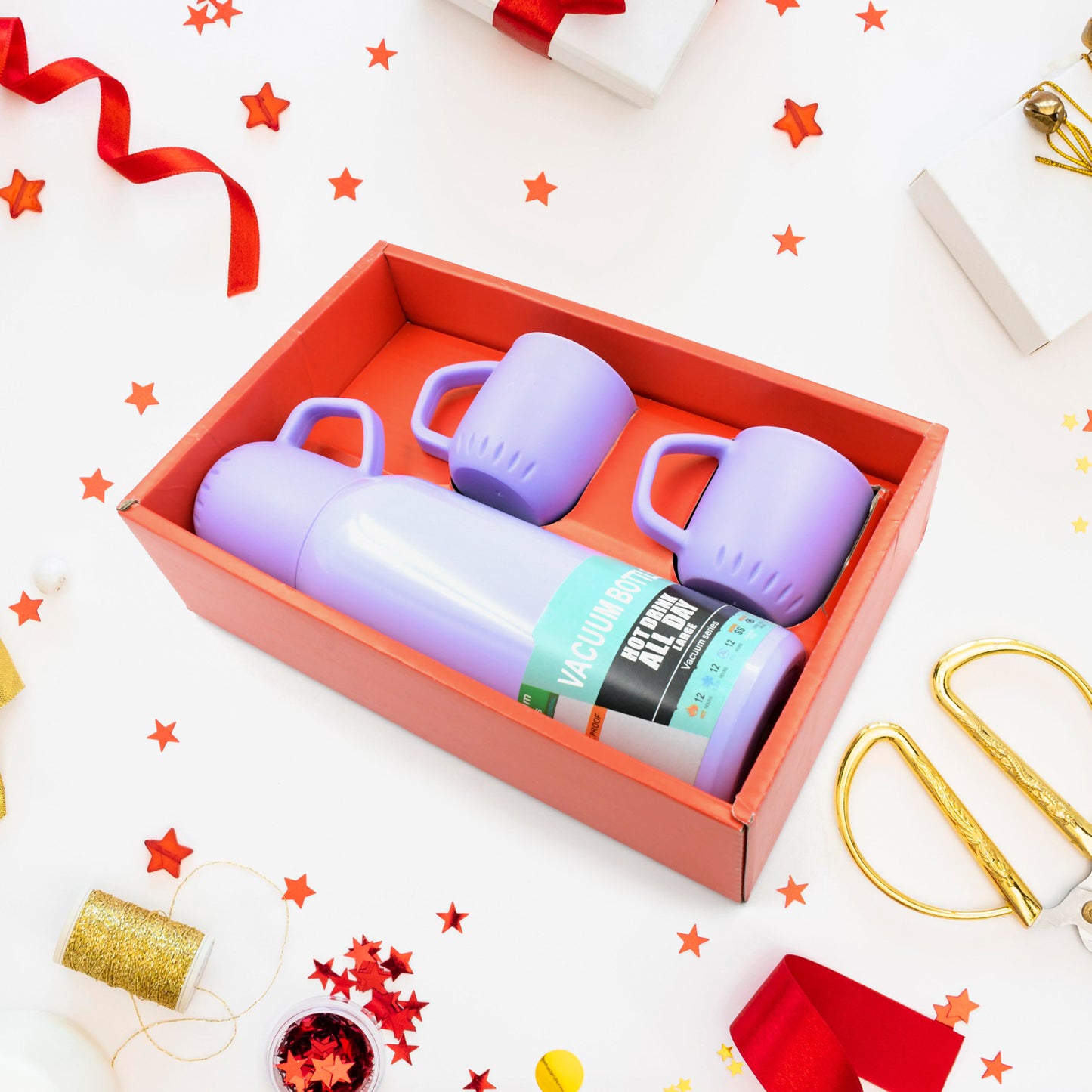 Vacuum Flask Set Stainless Steel Thermos With 3 Cup Creative Gift Set With Cover Handle Portable Car Water Bottle Set (Approx 500ml) - Happy Price - Image 2