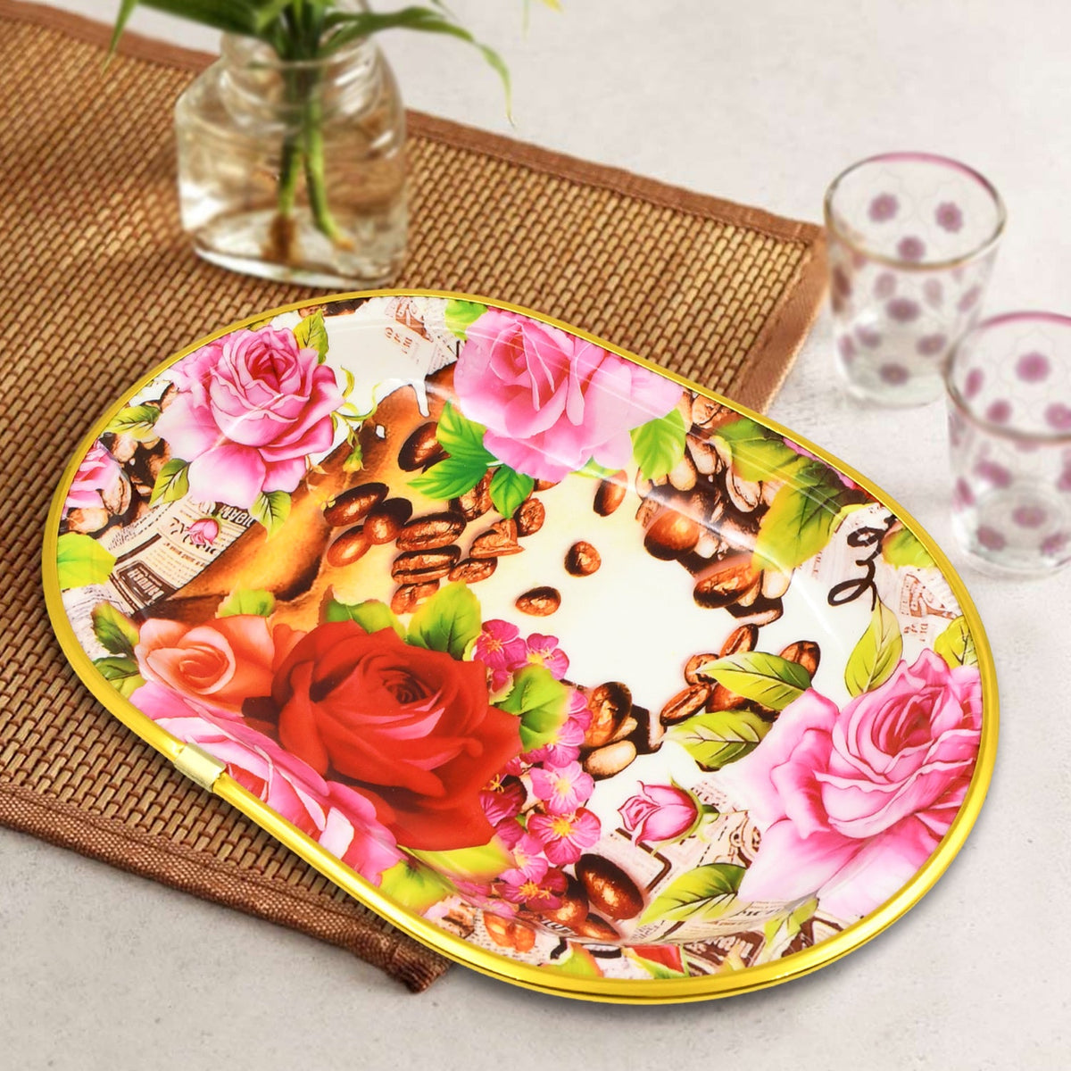 Plastic Flower Printed Design Serving Tray (3 Pcs Set Mix Color) - Happy Price - Image 7