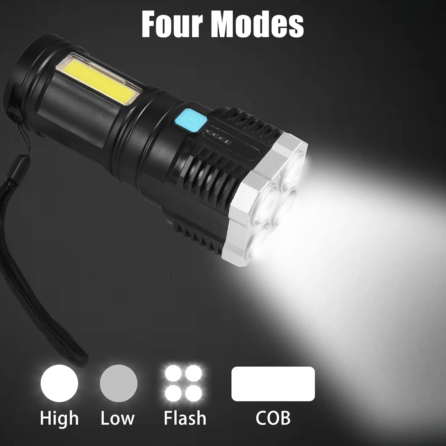 Multifunctional Strong 4 Led Torch Light Portable Rechargeable Flashlight Long Distance Beam Range 800 Lumens Cob Light 4 Mode Emergency For Hiking Walking Camping (4 Led Torch) - Happy Price - Image 3
