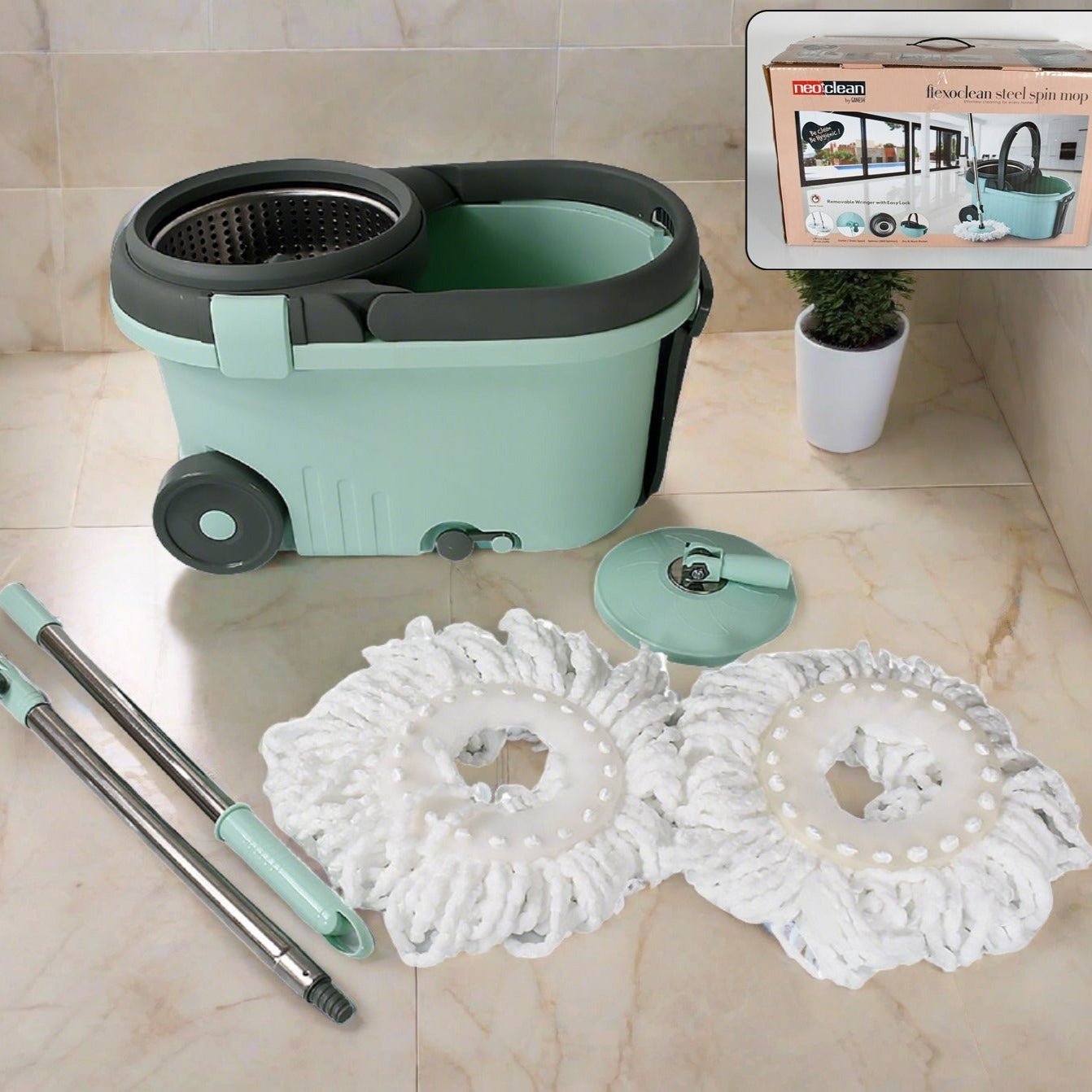 Ganesh Quick Spin Mop Steel Spin Bucket Floor Cleaning Easy Wheels Big Bucket Floor Cleaning Mop With Bucket 2 Micro Fiber Head Refill - Happy Price - Image 1