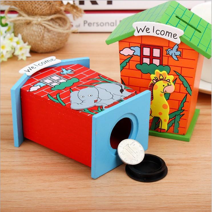 Cute Cartoon House Shaped Lovely Wooden Piggy Bank Money Bank - Happy Price - Image 3