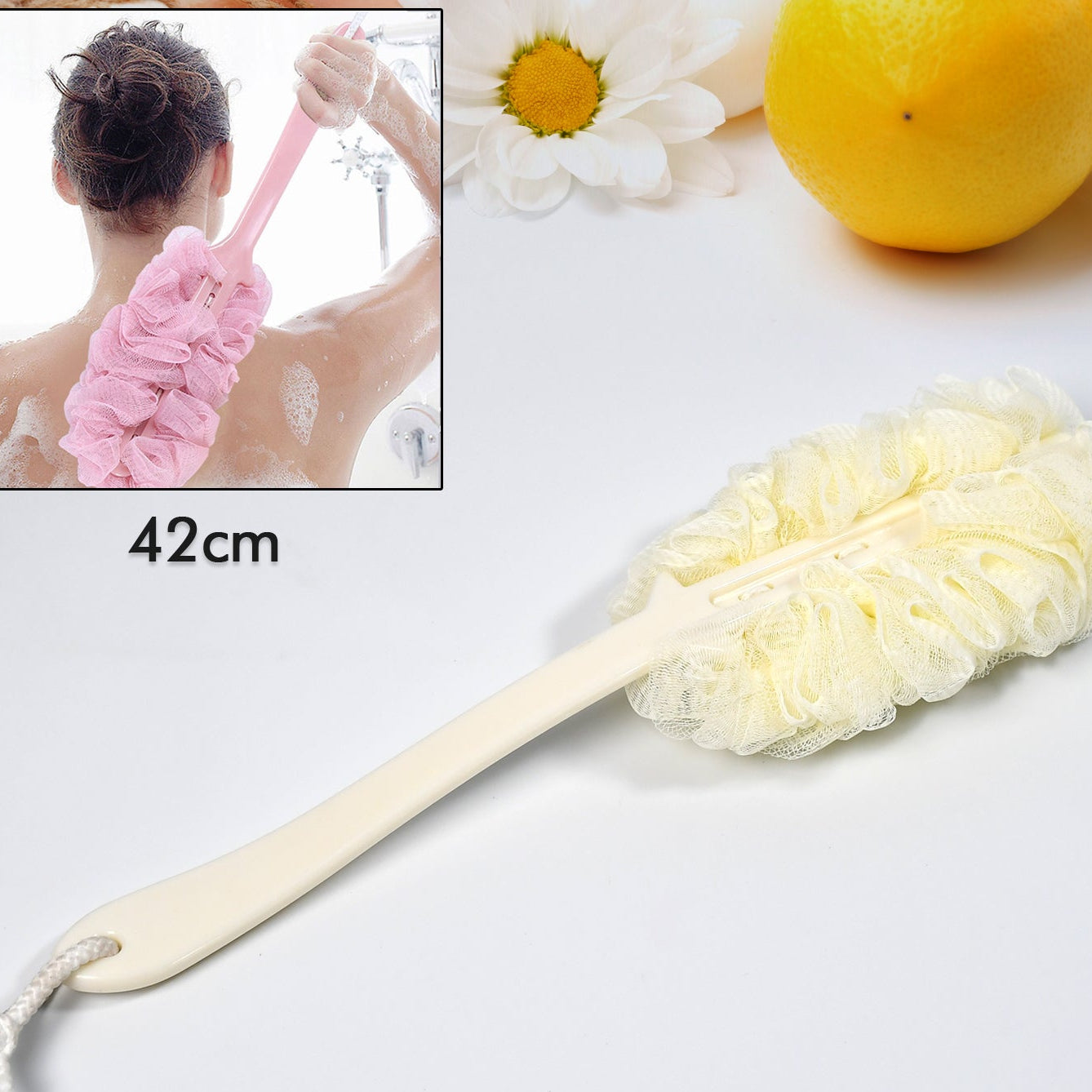 Long Handle Bath Scrubber with Soft Nylon Mesh for Shower - Reaches All Back Areas - Happy Price - Image 1