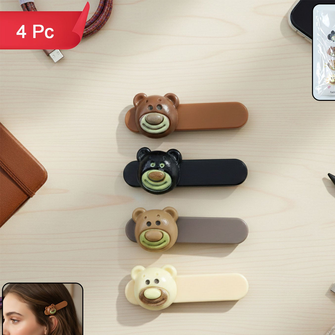 Cute Bear Face Hair Clips Set - 4 Pc Decorative Snap Clips for Women & Girls - Happy Price - Image 1