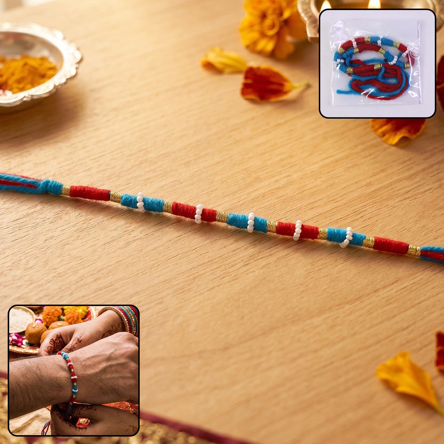 Handmade Rakhi Bracelet - Blue & Red Thread with Golden Beads (1 Pc) - Happy Price - Image 2