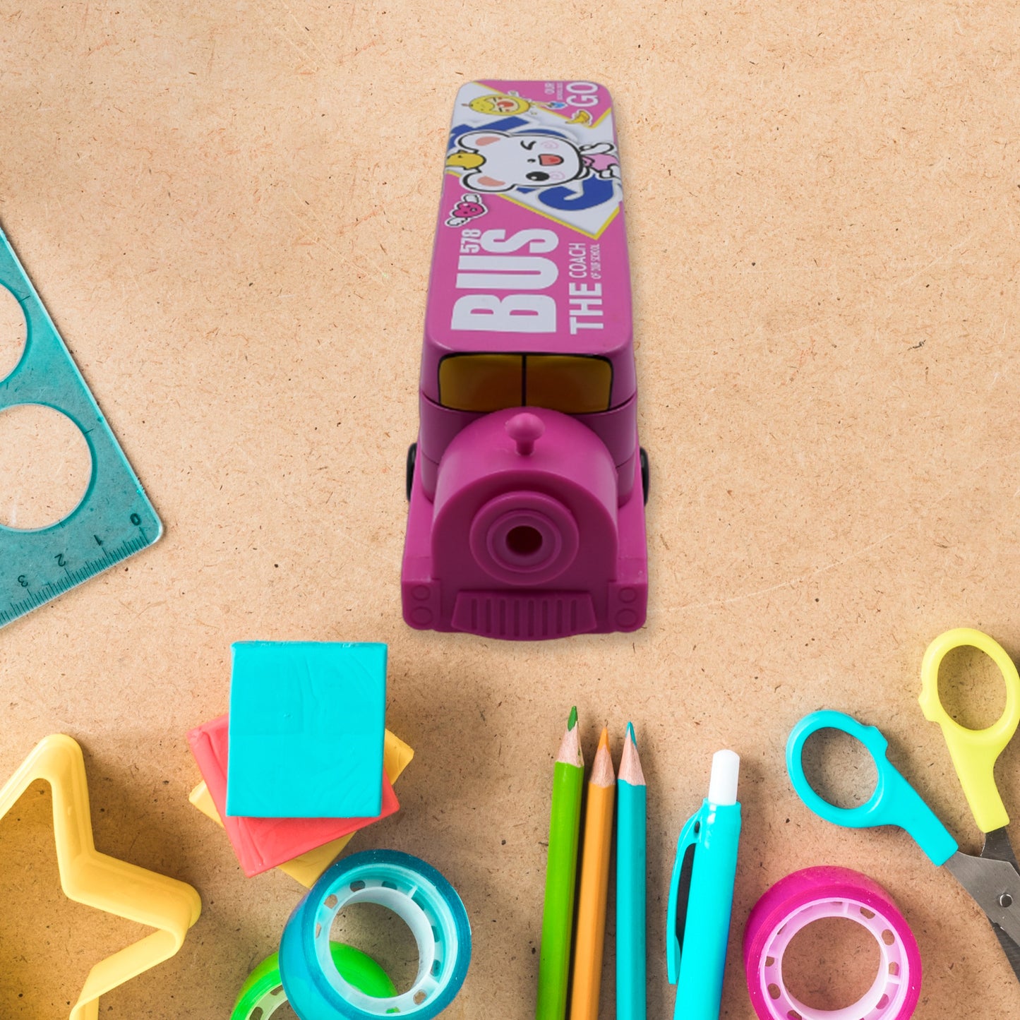 Double Decker Magic Bus Compass 2 Layer Metal Bus Compass Pencil Case With Movable Wheels Sharpener Bus Shape With Tiers Metal Pencil Box For Kids Birthday Party - Happy Price - Image 5