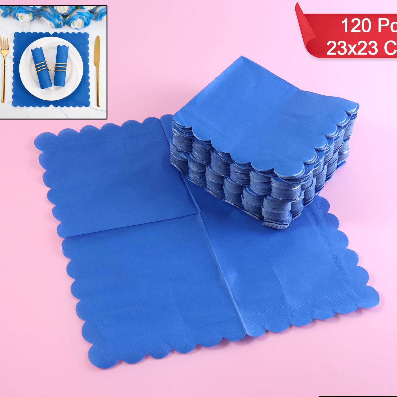 Royal Scalloped Disposable Paper Napkins - 120 Pc Pack, 23x23 cm - Happy Price - Image 1