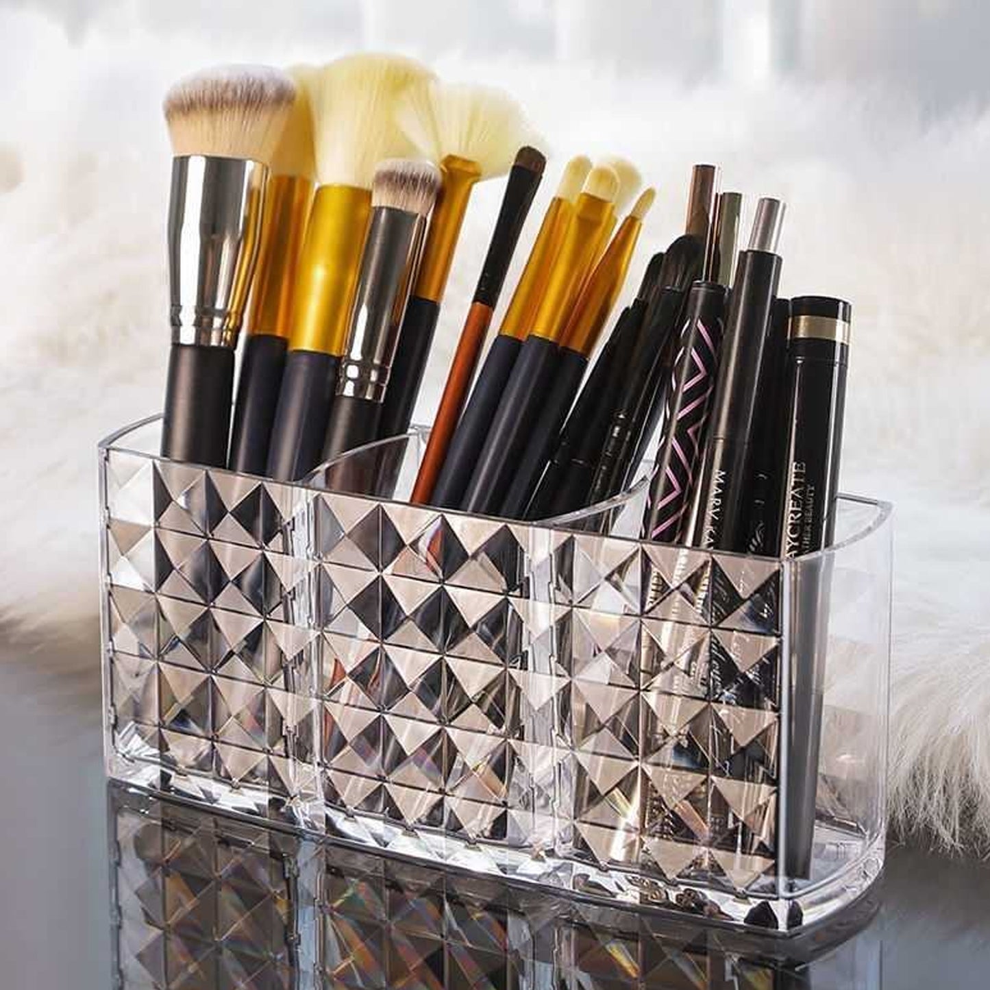 Elegant Crystal-effect 3-compartment Acrylic Makeup Brush Holder (1 Pc) - Happy Price - Image 5