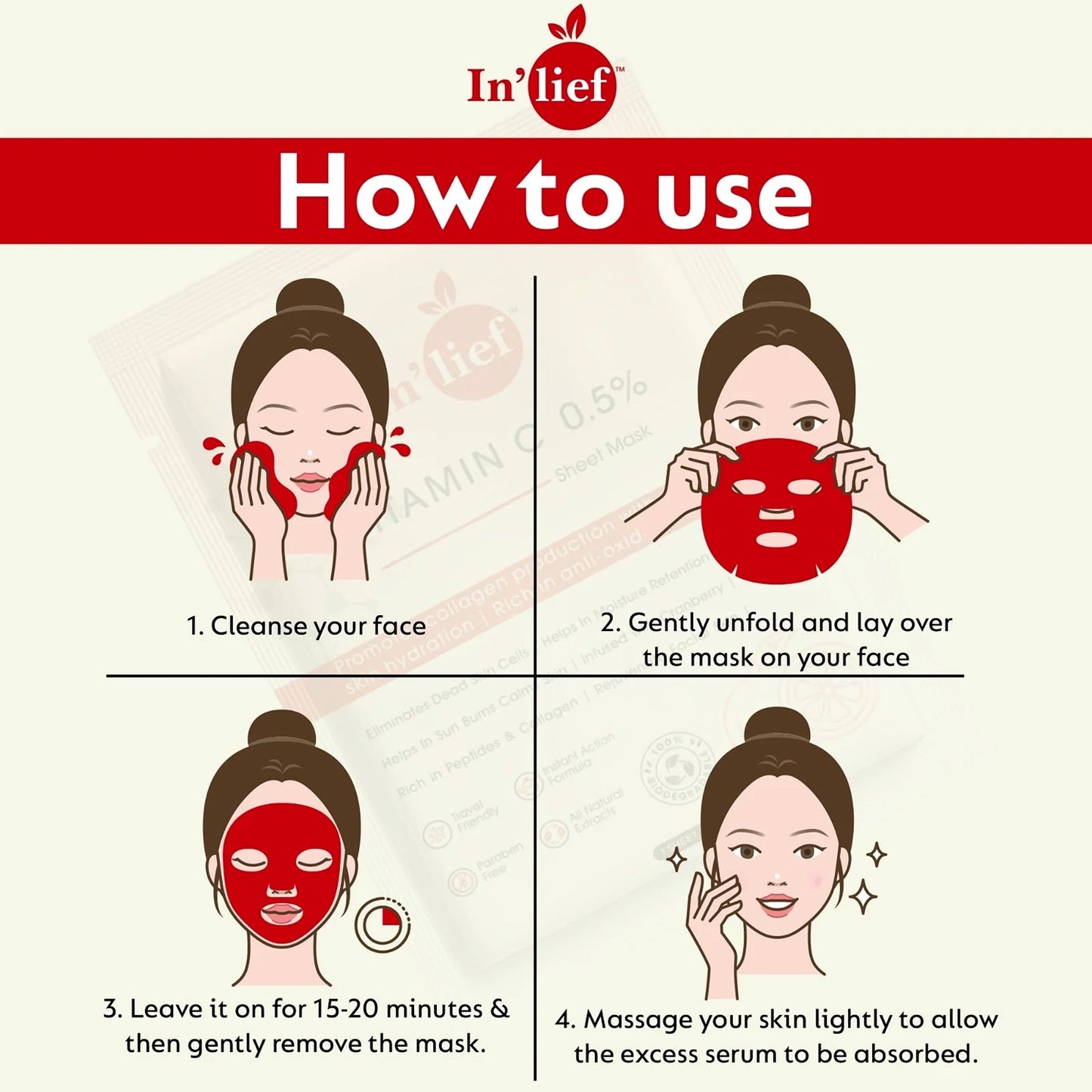 Inlief Vitamin C 0.5% Hydrating Brightening Facial Sheet Mask - 1 Pc - Happy Price - Image 5