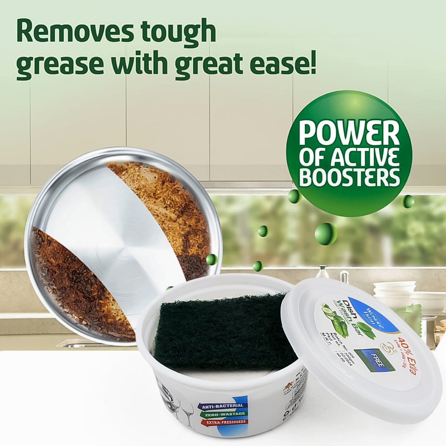 Fresh Mix Flavor Round Dishwash Bar With Super Scrubber Free Complete Dishwashing Solution Tough Stains Remover (350 Gm) - Happy Price - Image 5