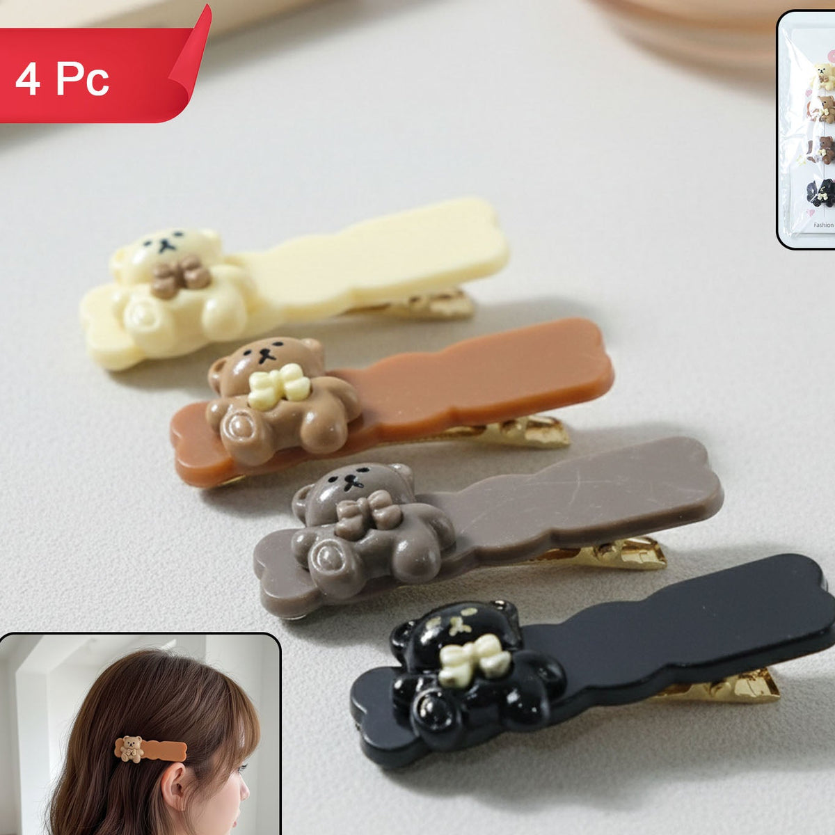Cute Teddy Bear Snap Hair Clips Set - 4 Pc for Girls - Happy Price - Image 1