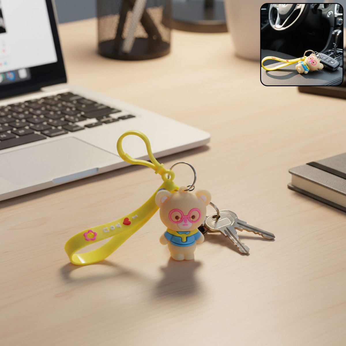 Cute Cartoon Bear Silicone Keychain with Yellow Wrist Strap (1 Pc) - Happy Price - Image 2