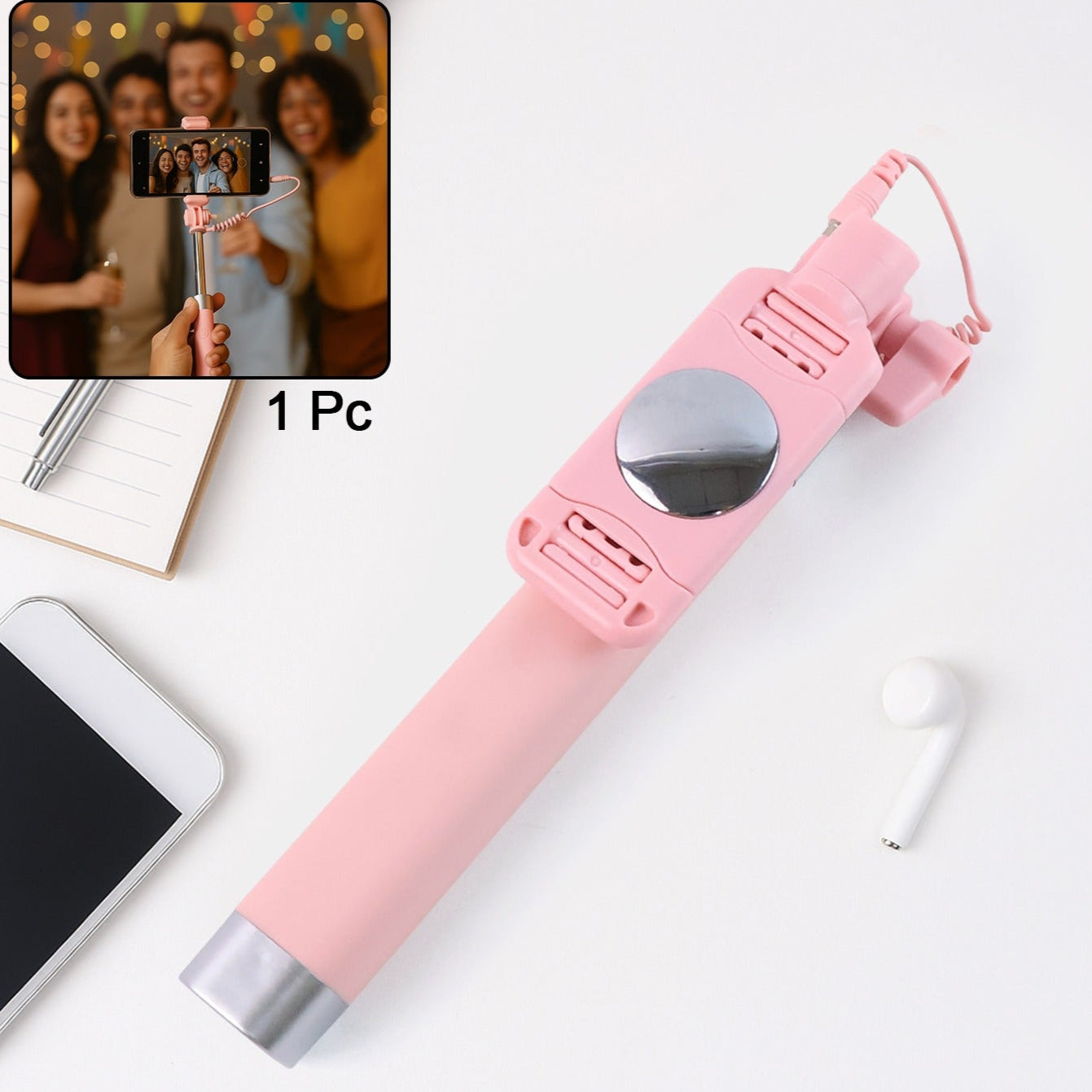 Wired Selfie Stick With Rearview Mirror Built-in Shutter Button (1 Pc) - Happy Price - Image 1