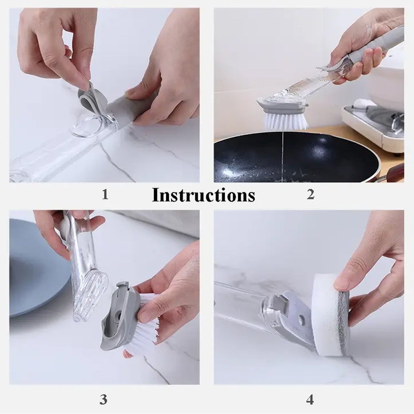 Dish Scrubber with Built-in Soap Dispenser - Kitchen Cleaning Brush with 1 Handle and 3 Refill Heads - Happy Price - Image 4