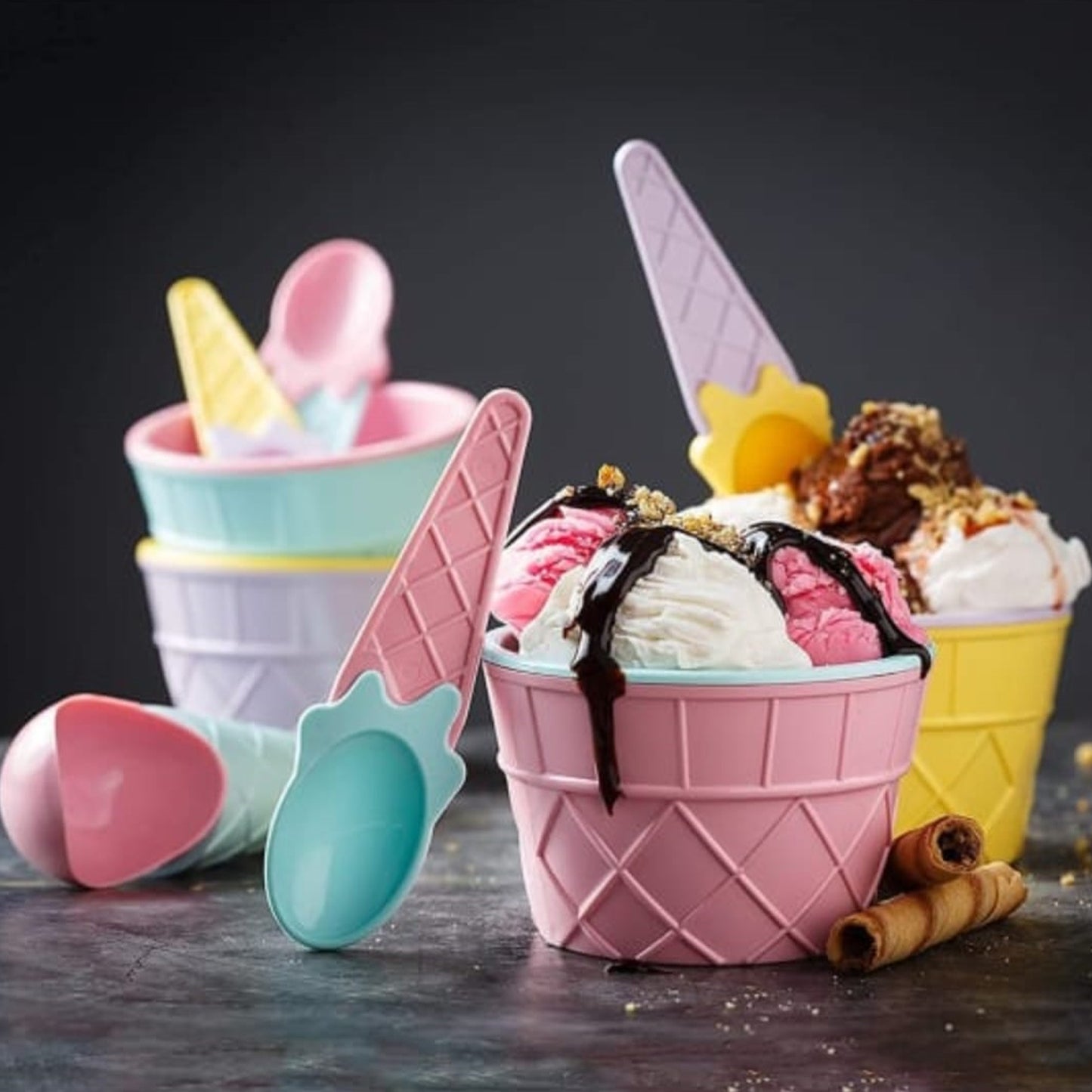 Ice-cream Waffle Spoon Bowel Cup Set Premium Ice Cream Set Ice-cream Bowel With Spoon 6 Units Couple Bowl Set Color Box - Happy Price - Image 2