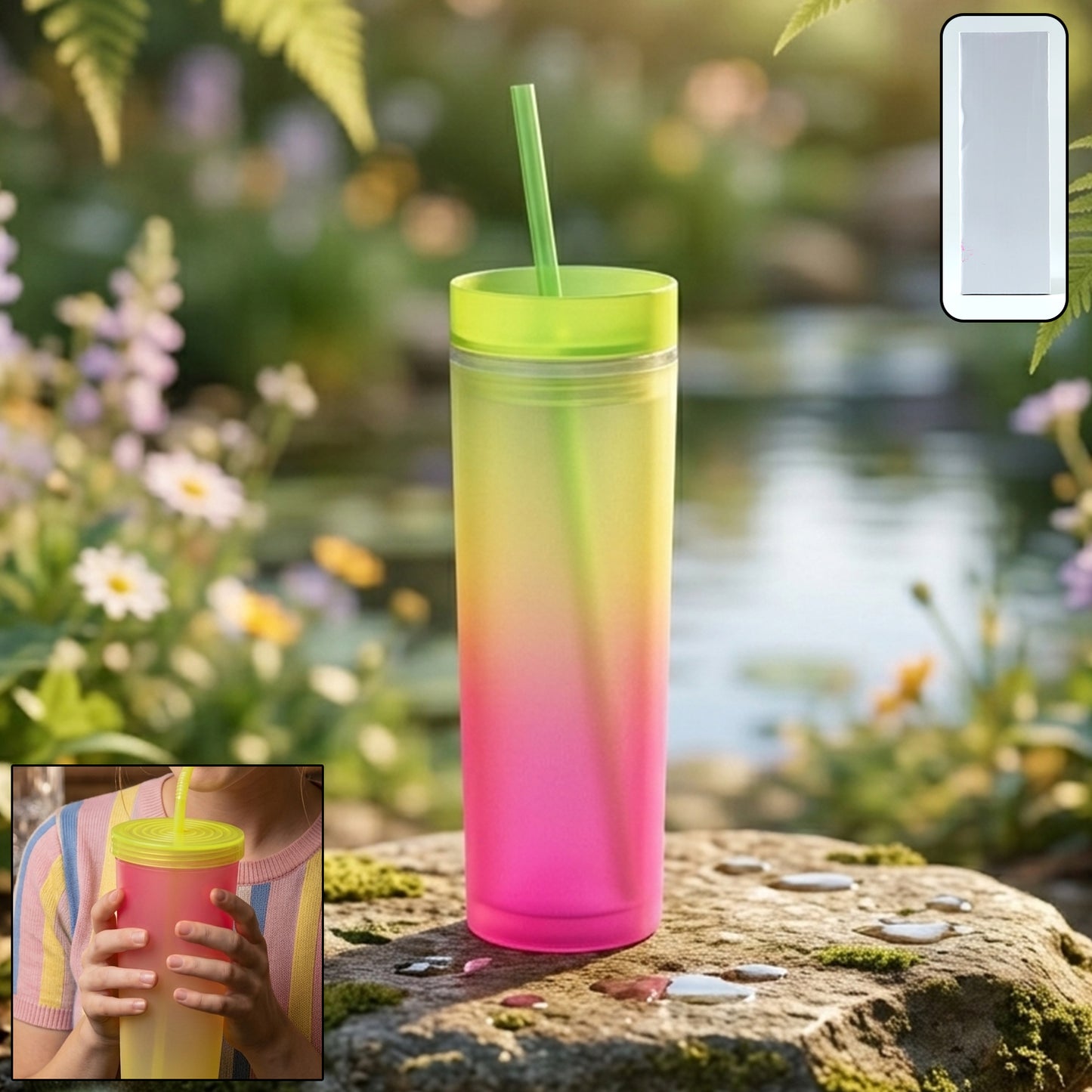 Gradient Plastic Tumbler Cup with Straw and Lid - 400 ML Approx, 1 Pc - Great Price - Image 2