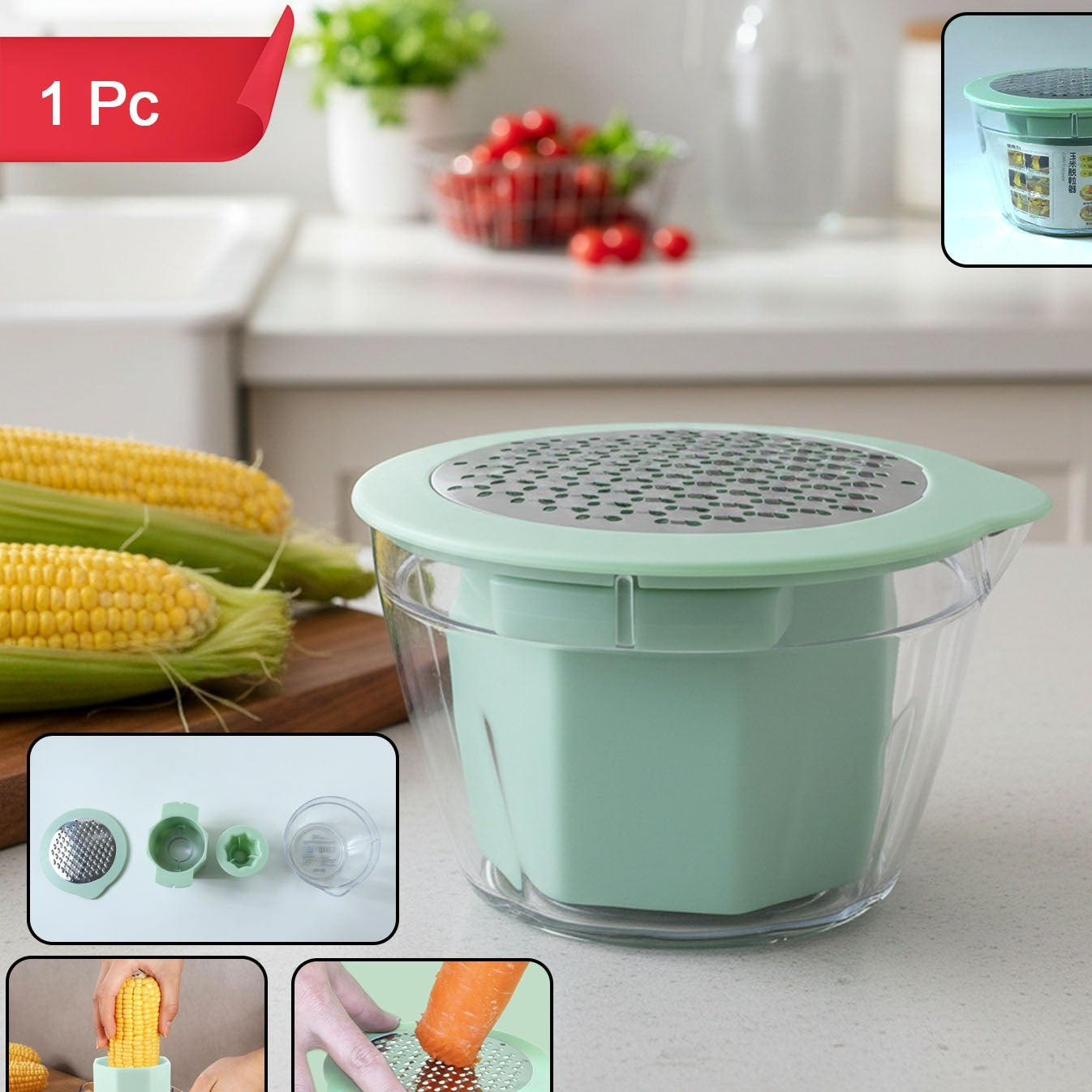 Manual Grater & Corn Stripper with Bowl - 1 Pc Kitchen Tool - Happy Price - Image 1