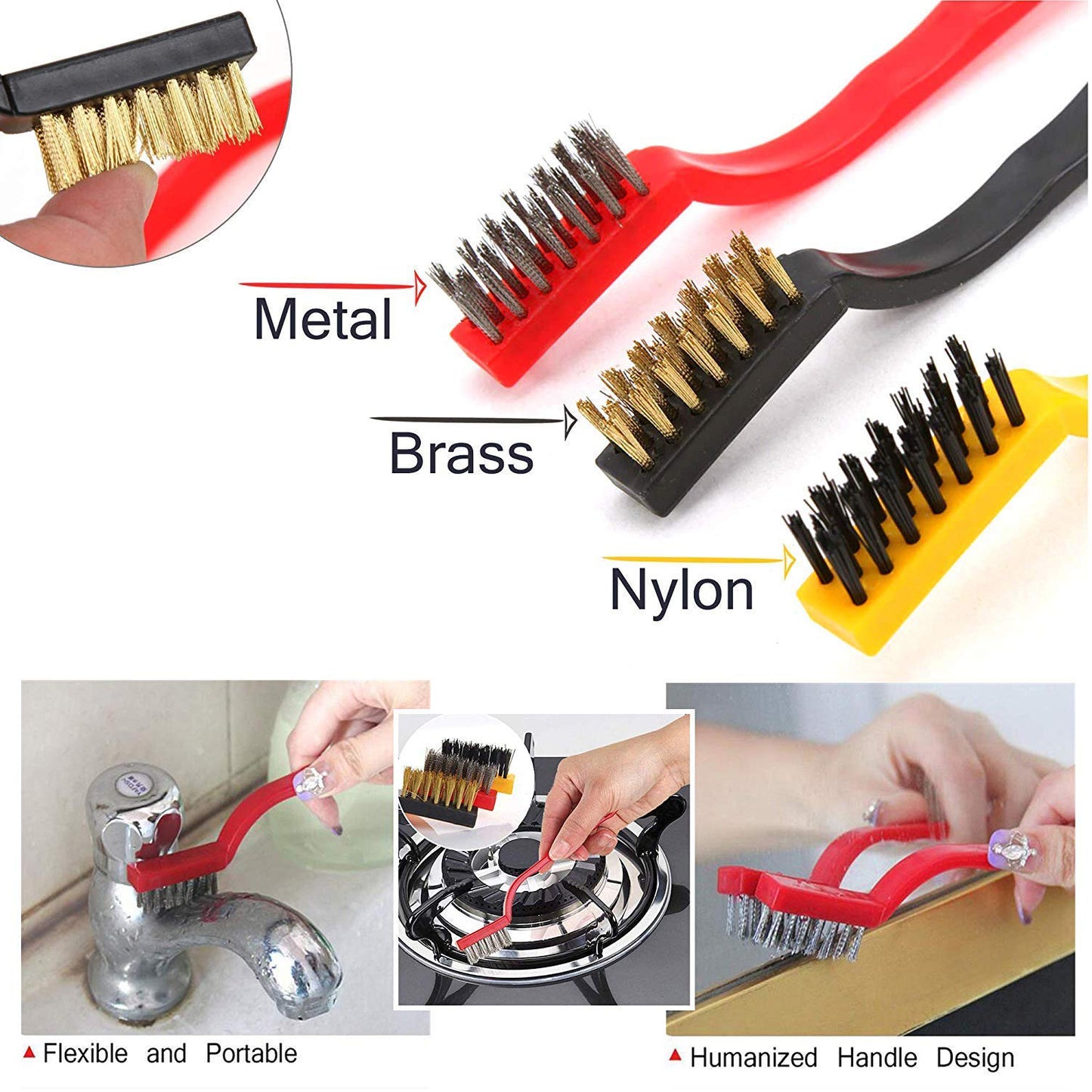 3pc Mini Wire Brush Set Brass Nylon Stainless Steel Bristles Household Cleaning Brush For Gas Stove Smoke Machine Tool Burner Tiles Tap Rust Removal Welding Slag Dirt Paint Scrubbing. - Happy Price - Image 6