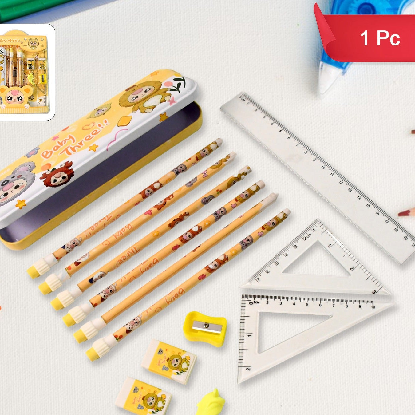 14-in-1 Kids Stationery Set with Cartoon Metal Pencil Box, Printed Pencils, Geometry Tools - Great Price - Image 1