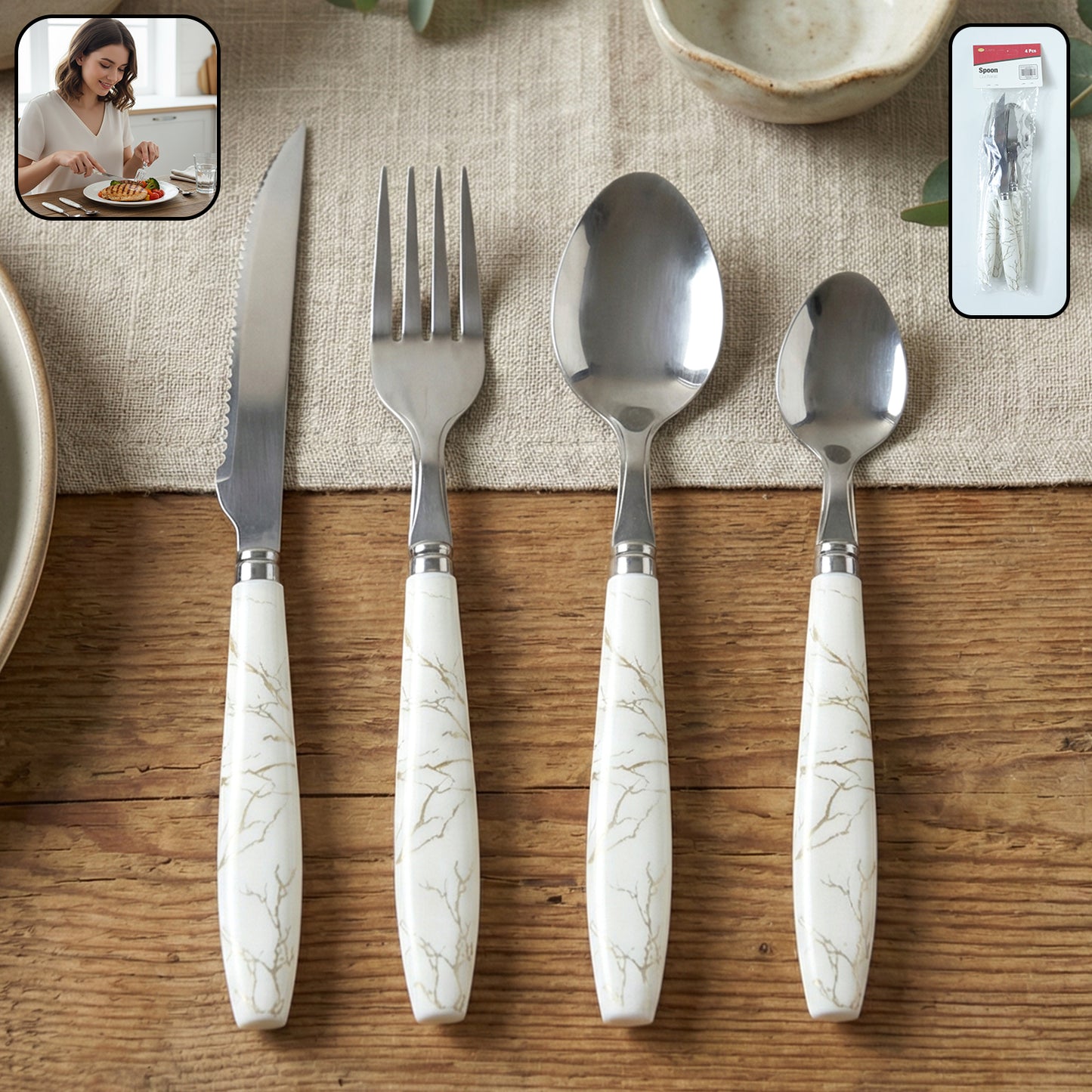 4 Piece Stainless Steel Cutlery Set with Marble Handle - Great Price - Image 2