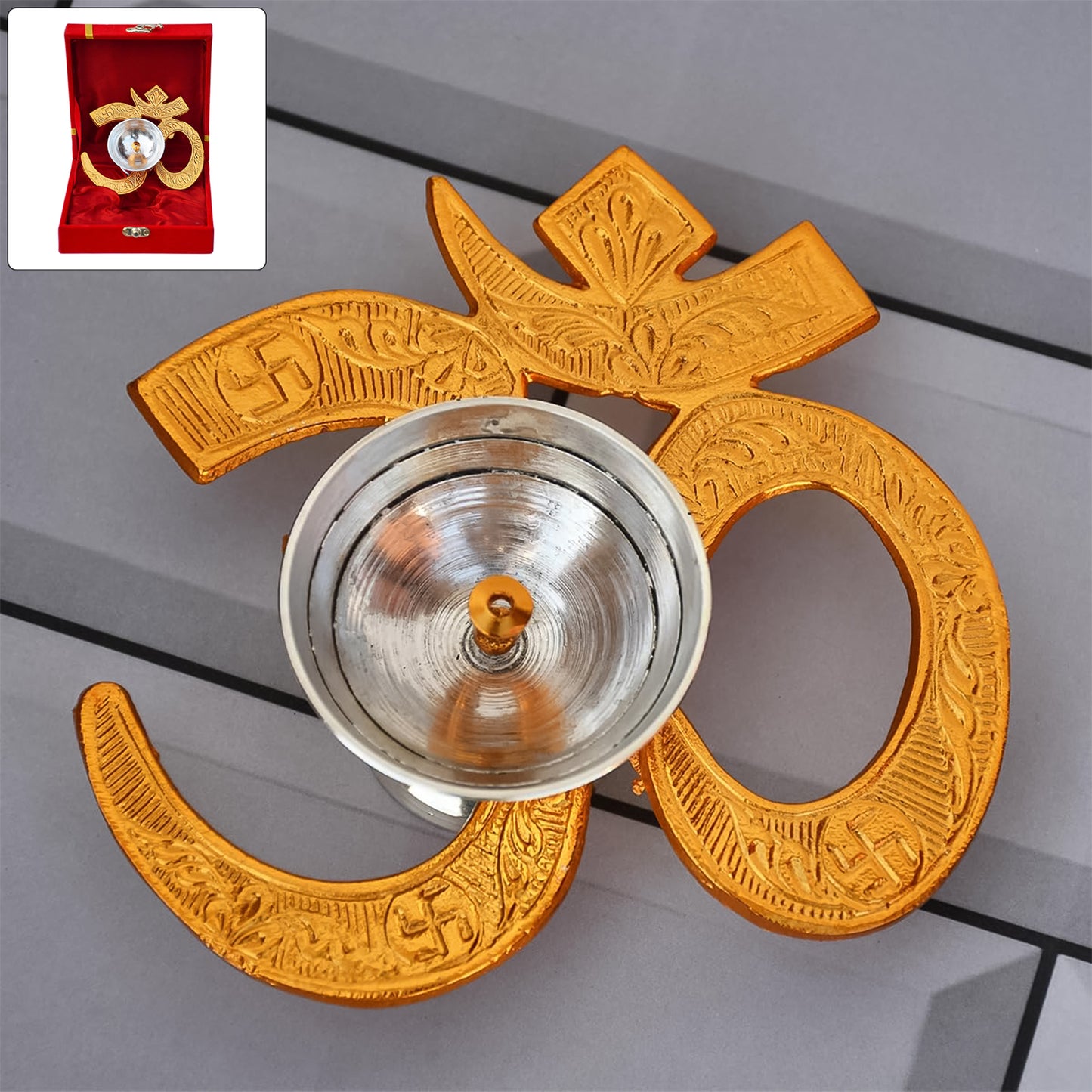 Om Symbol Brass Oil Diya with Silver Polish Bowl - 1 Pc - Happy Price - Image 6