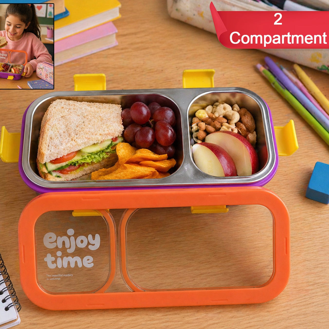 Stainless Steel 2 Compartment Lunch Box with Spoon & Fork - Leak-Proof Design - Great Price - Image 1