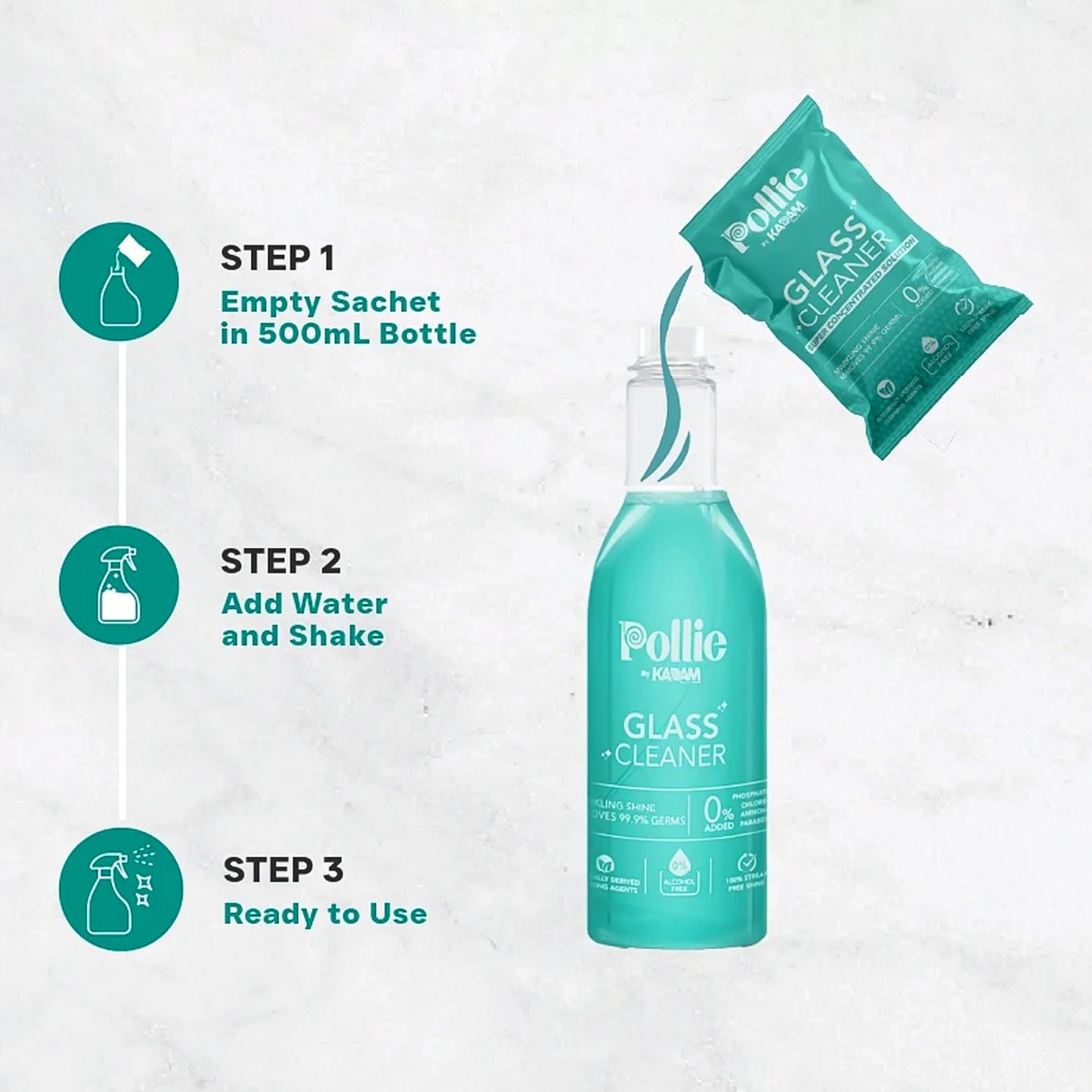 Kadam Concentrated Glass Cleaner Refill Kit with Reusable Spray Bottle - 3 Sachets for 600ml Solution - Happy Price - Image 5