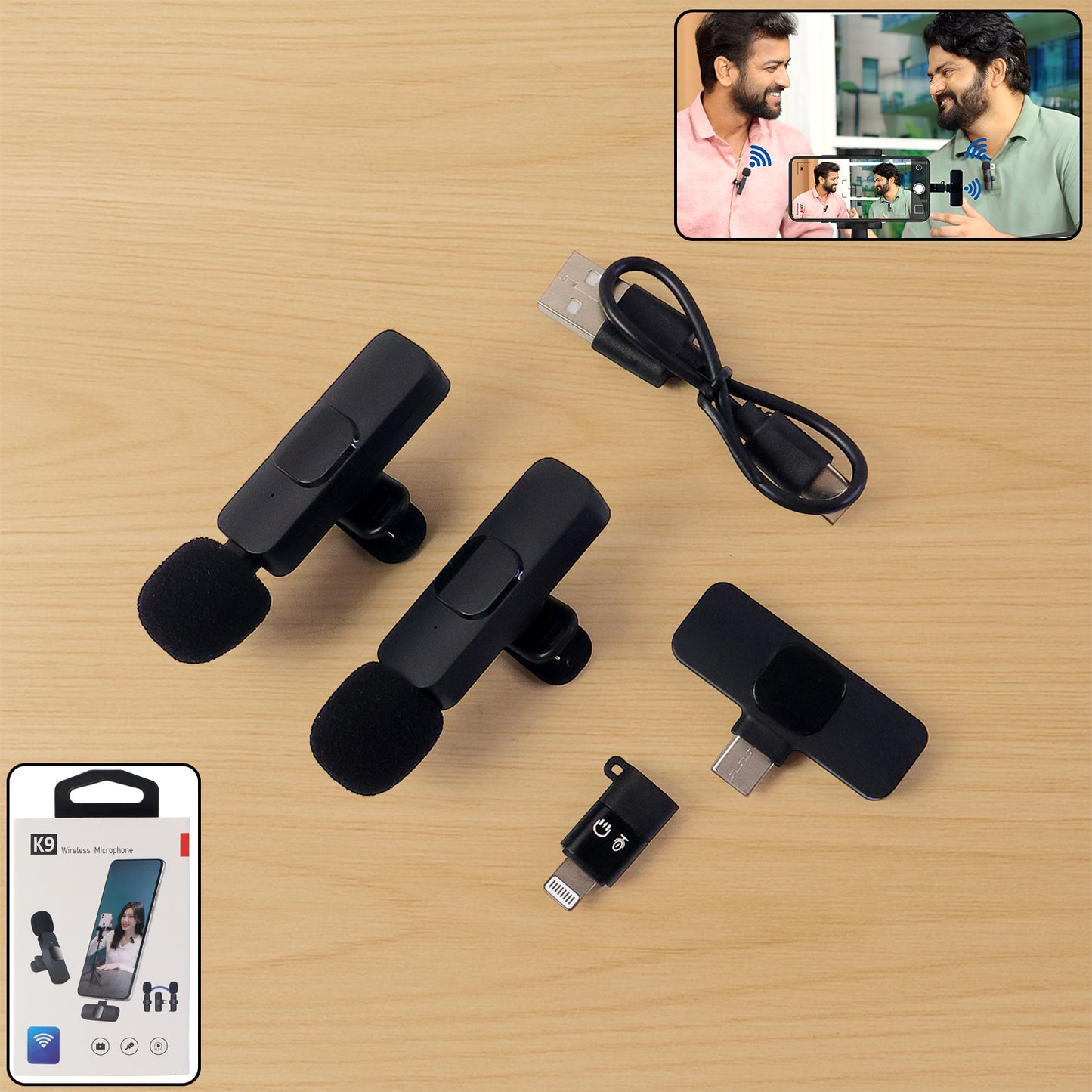 K9 Dual Wireless Microphone Set for Mobile Recording - 2 Mics + 1 Receiver for Type-C & iPhone - Happy Price - Image 2