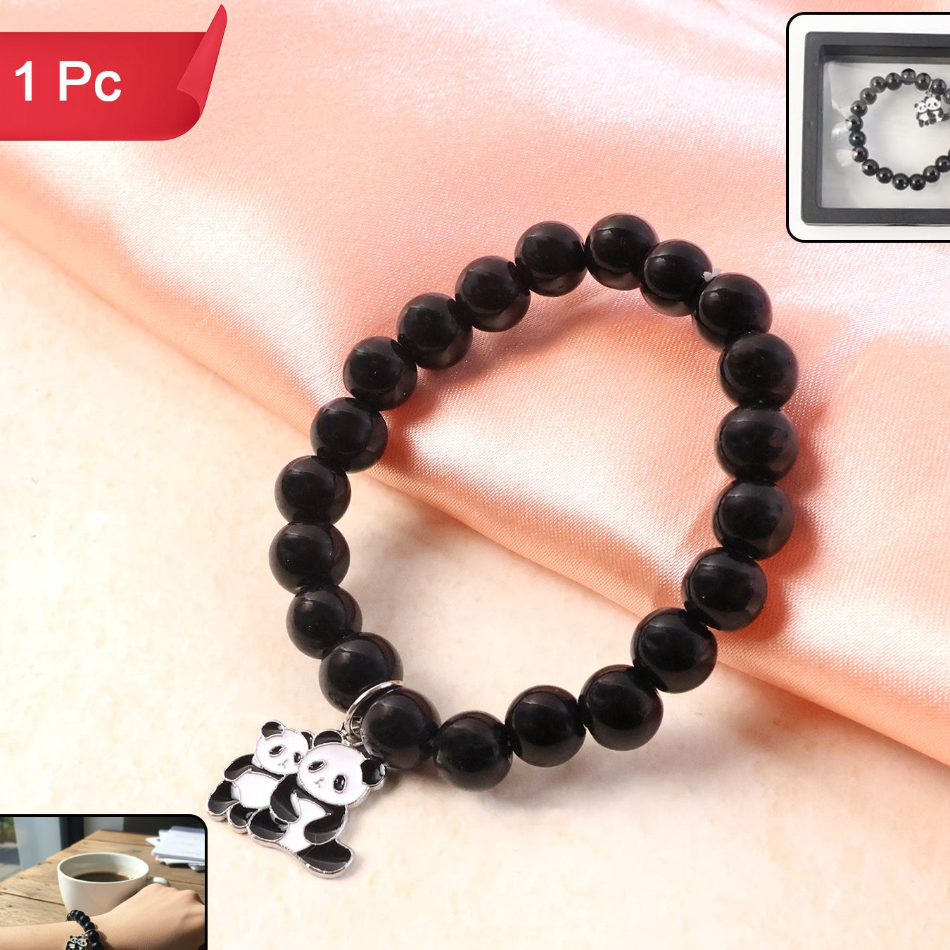 Premium Black Beaded Stretch Bracelet With Cute Panda Charm (1 Pc)