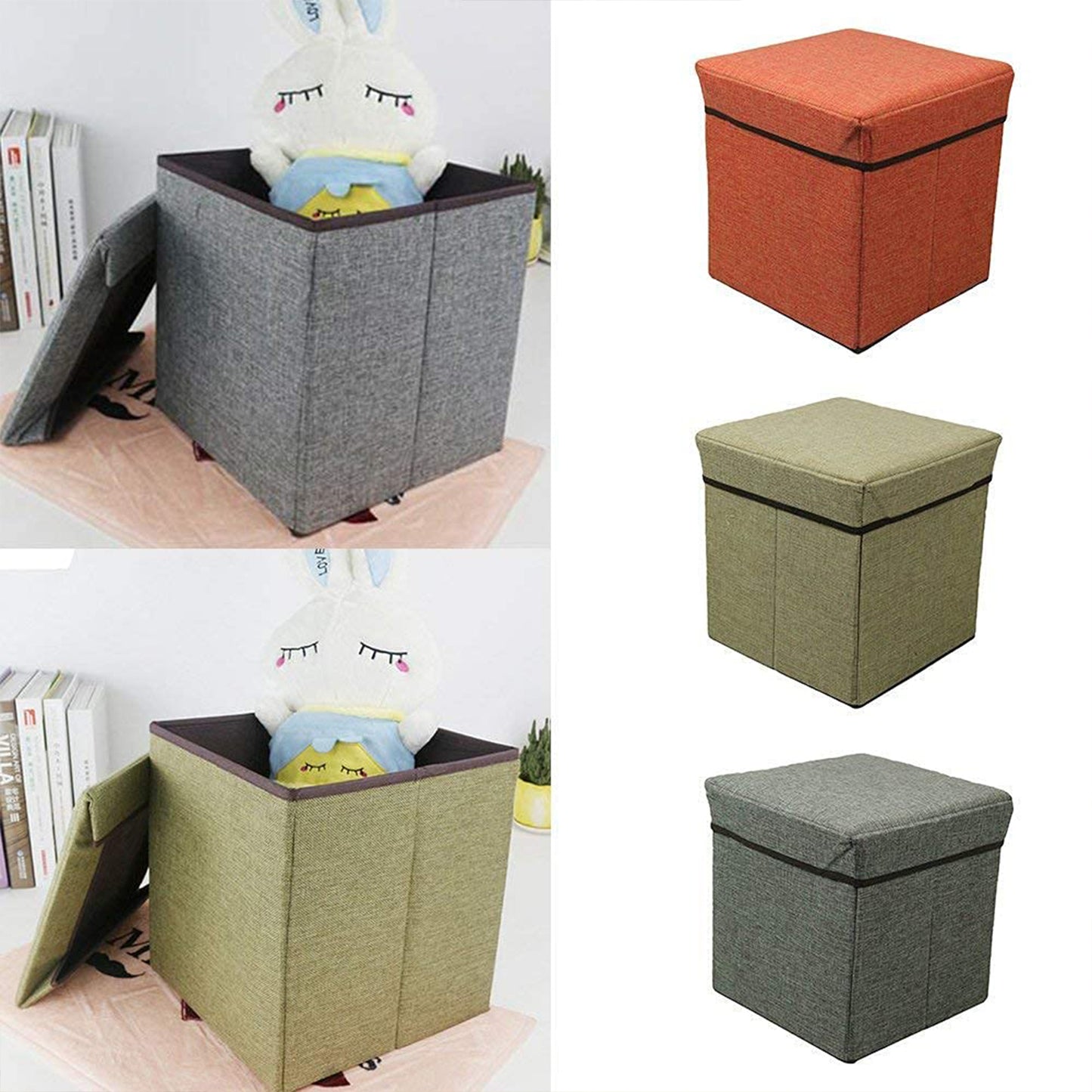 Foldable Storage Ottoman with Cushion Seat - Cube Shape Stool for Living Room - Happy Price - Image 3