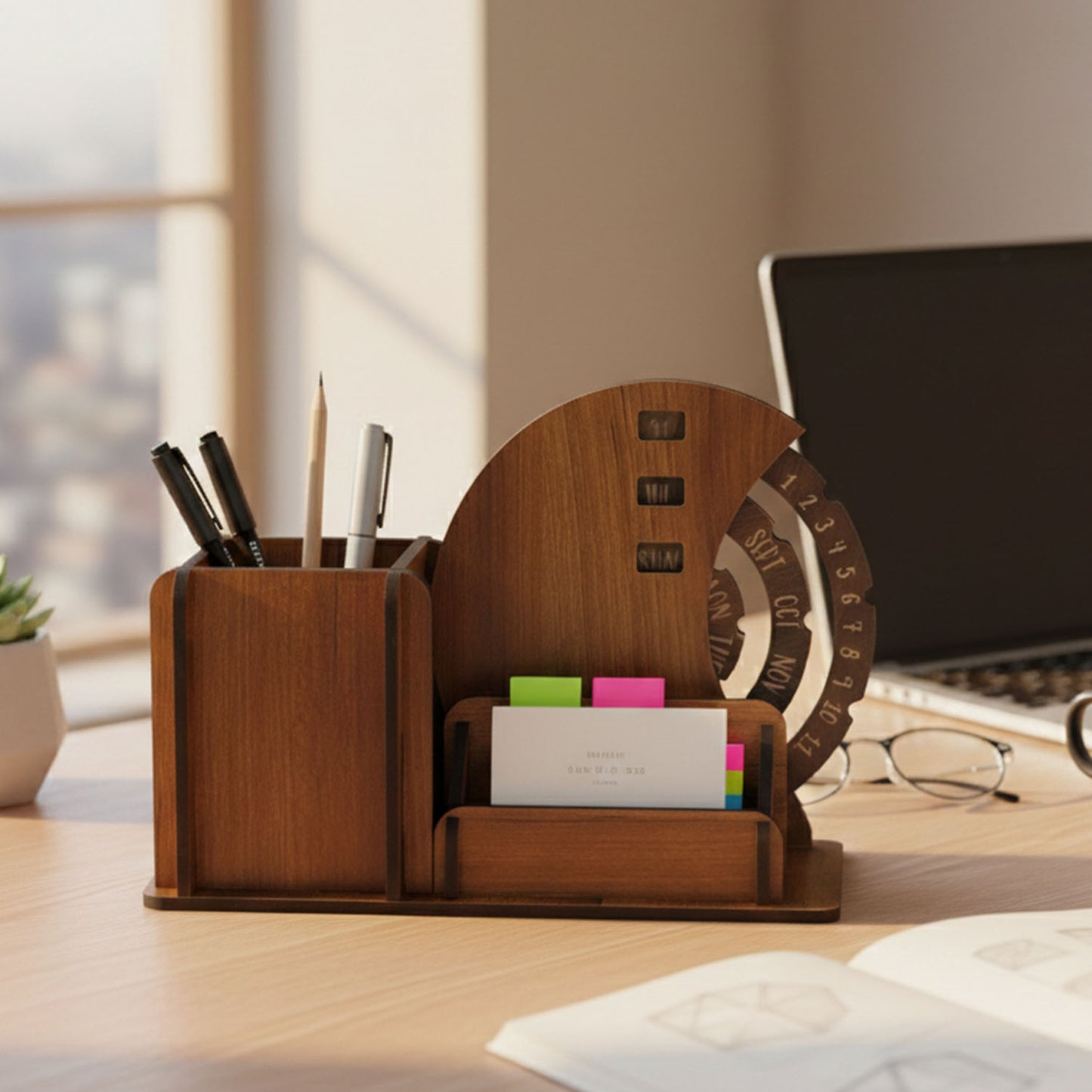 Wooden Desk Organizer with Pen Stand, Card Holder & Rotating Calendar (1 Pc) - Happy Price - Image 3