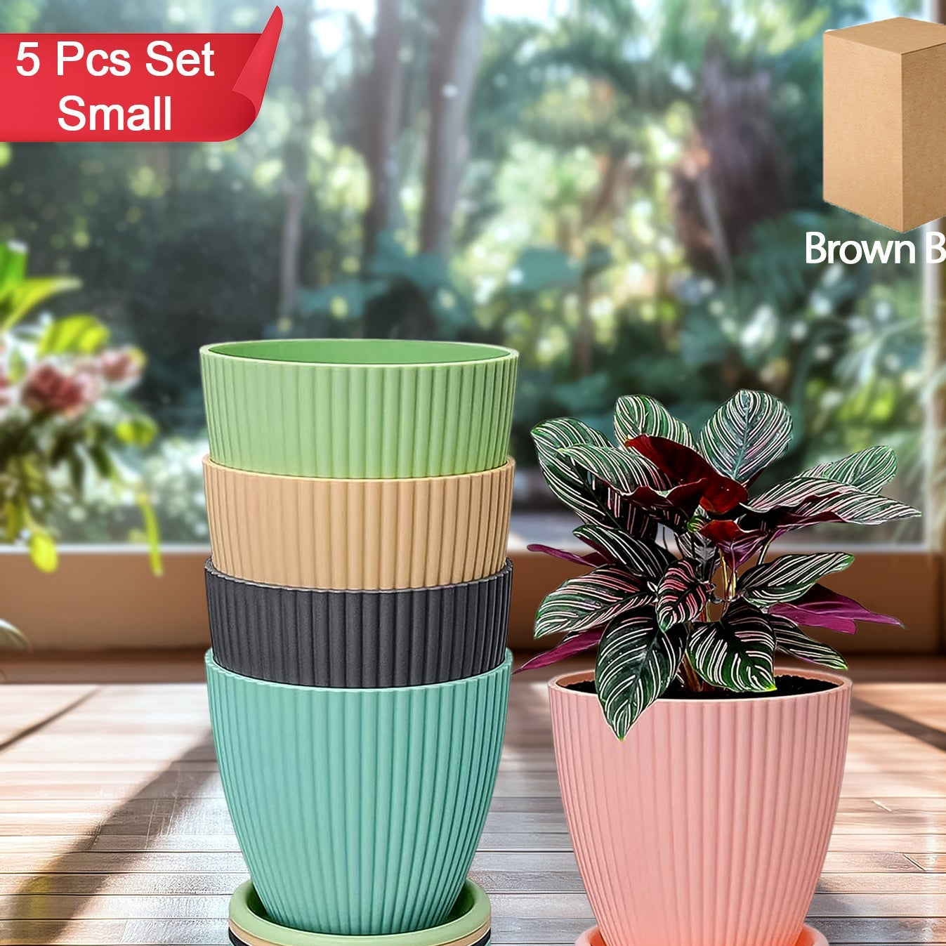 Set of 5 Round Plastic Plant Pots with Trays - Small 14-16 cm - Happy Price - Image 1